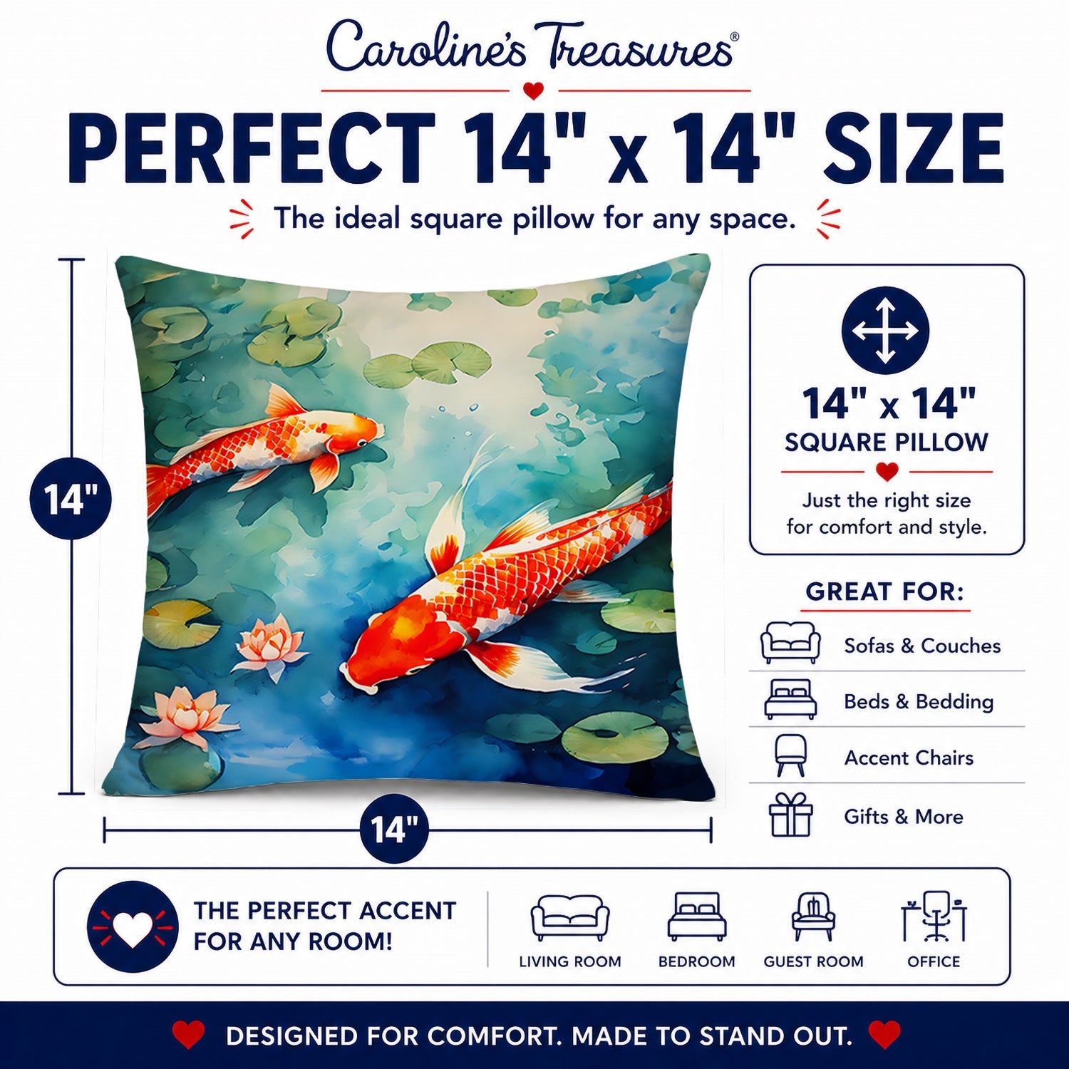 Koi Fish Decorative Throw Pillow 14x14 Indoor Outdoor Accent Cushion, Fabric Cover with Insert for Sofa, Bed, Porch & Living Room