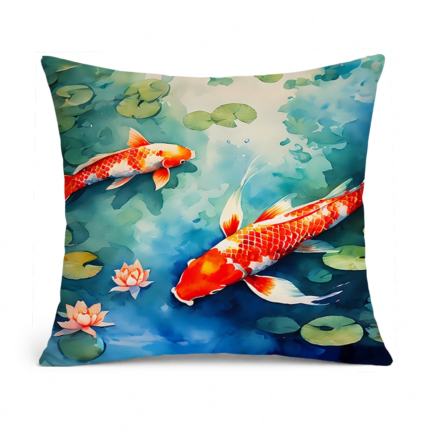 Koi Fish Decorative Throw Pillow 14x14 Indoor Outdoor Accent Cushion, Fabric Cover with Insert for Sofa, Bed, Porch & Living Room