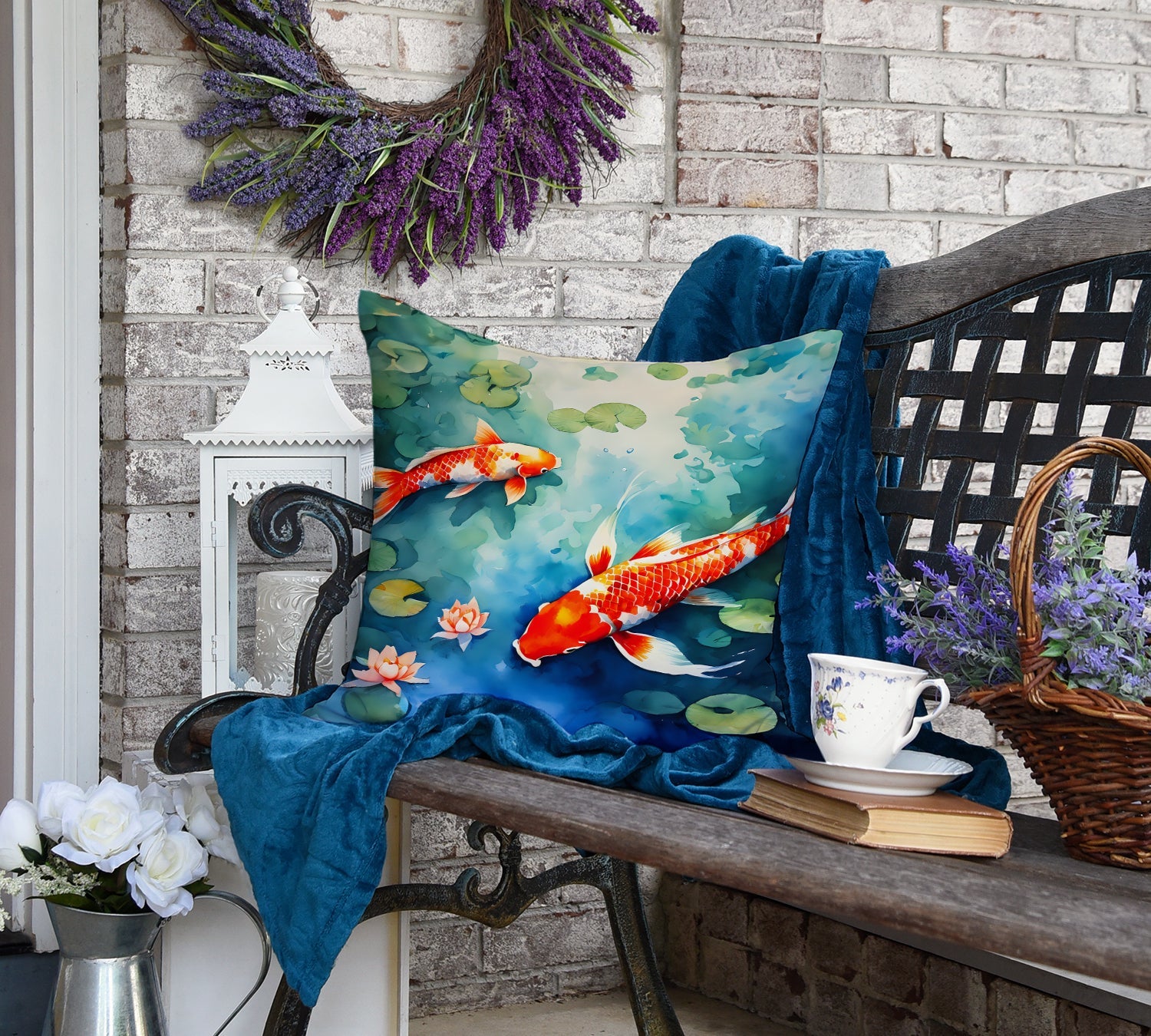 Koi Fish Decorative Throw Pillow 18x18 Indoor Outdoor Accent Cushion, Fabric Cover with Insert for Sofa, Bed, Porch & Living Room