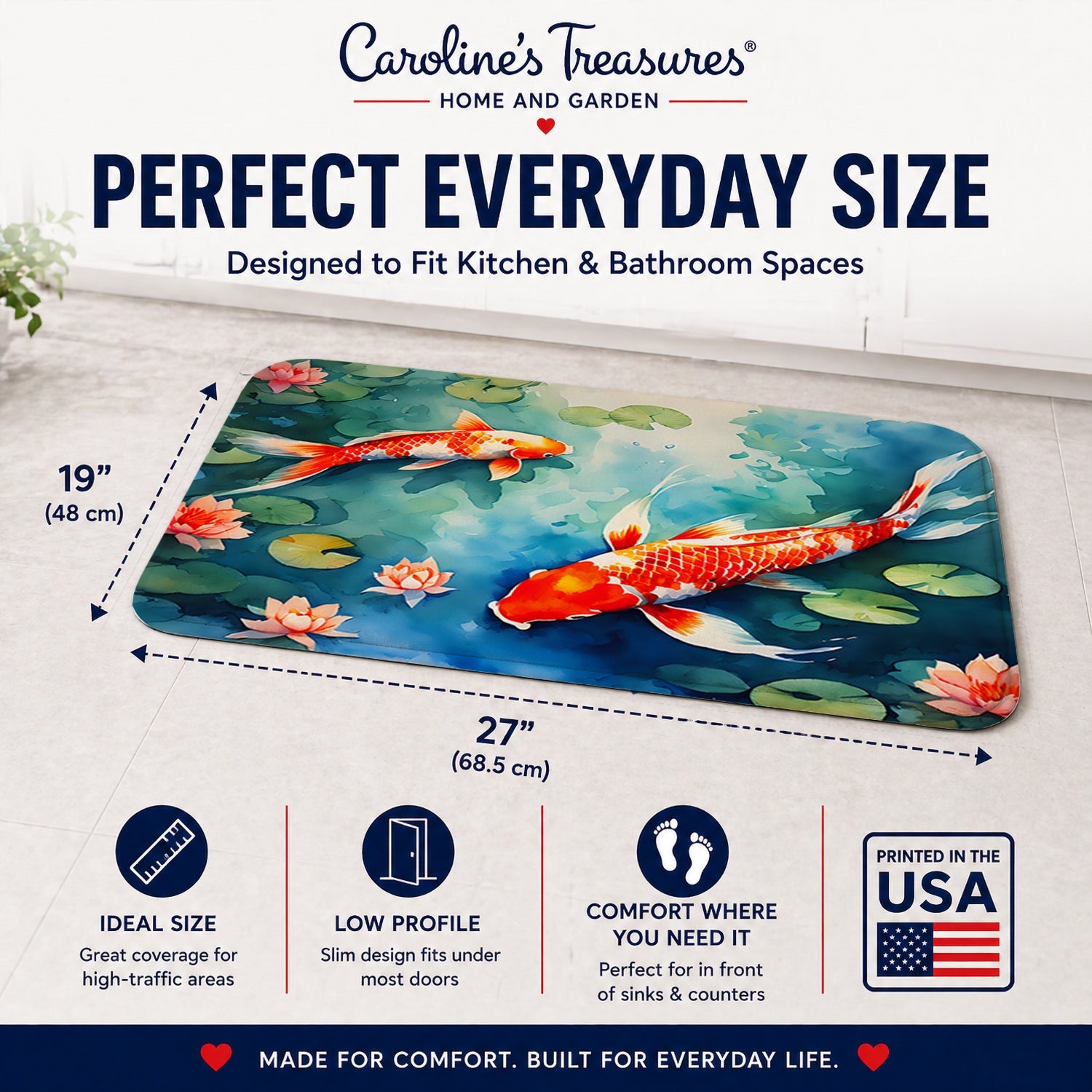 Koi Fish Memory Foam Kitchen Mat Machine Washable Anti-Fatigue Cushion Comfort Bath or Kitchen Rug