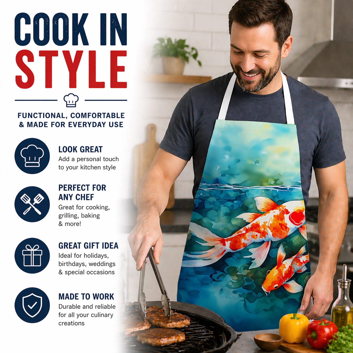 Koi Fish Apron Cooking Kitchen Server Baking Crafts Gardening for Adult Women Men, Unisex, Large, Multicolor