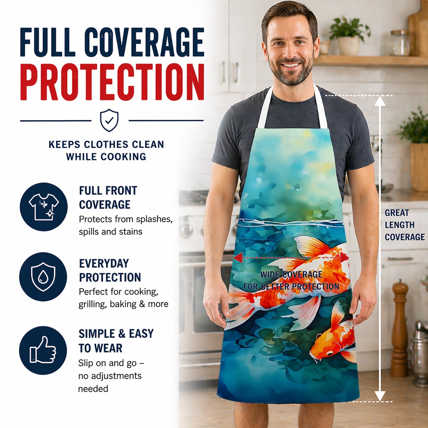 Koi Fish Apron Cooking Kitchen Server Baking Crafts Gardening for Adult Women Men, Unisex, Large, Multicolor