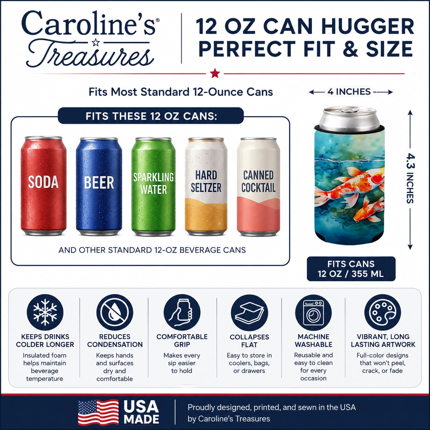 Koi Fish Can or Bottle Hugger Cooler Sleeve for Standard 12 oz Cans, Insulated Foam Beer & Soda Can Hugger Reusable