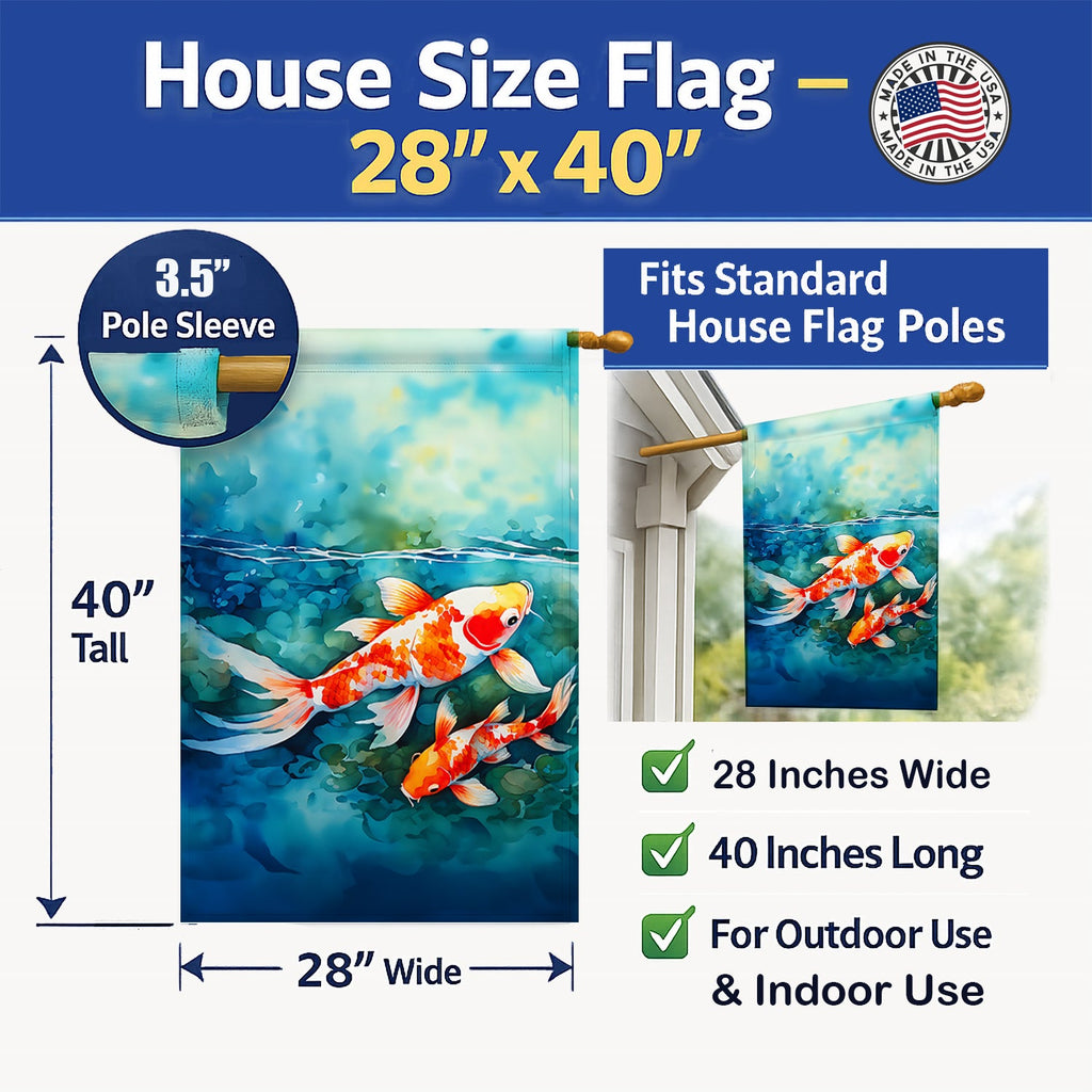 Koi Fish House Flag 28x40 Porch Sleeve Pole Decorative Outside Yard Banner Artwork Wall Hanging, Polyester