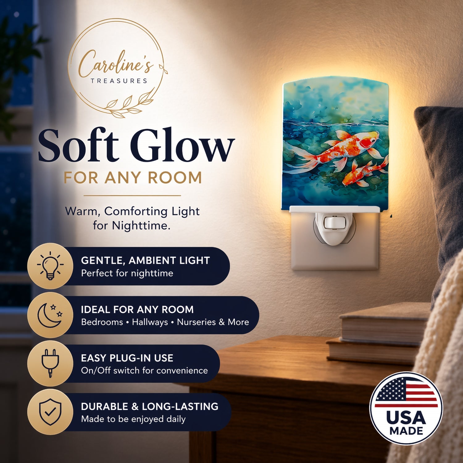 Koi Fish Ceramic Night Light Compact, UL-Certified, Ideal for Bedroom, Bathroom, Nursery, Hallway, Kitchen, 6x4x3, Multicolor