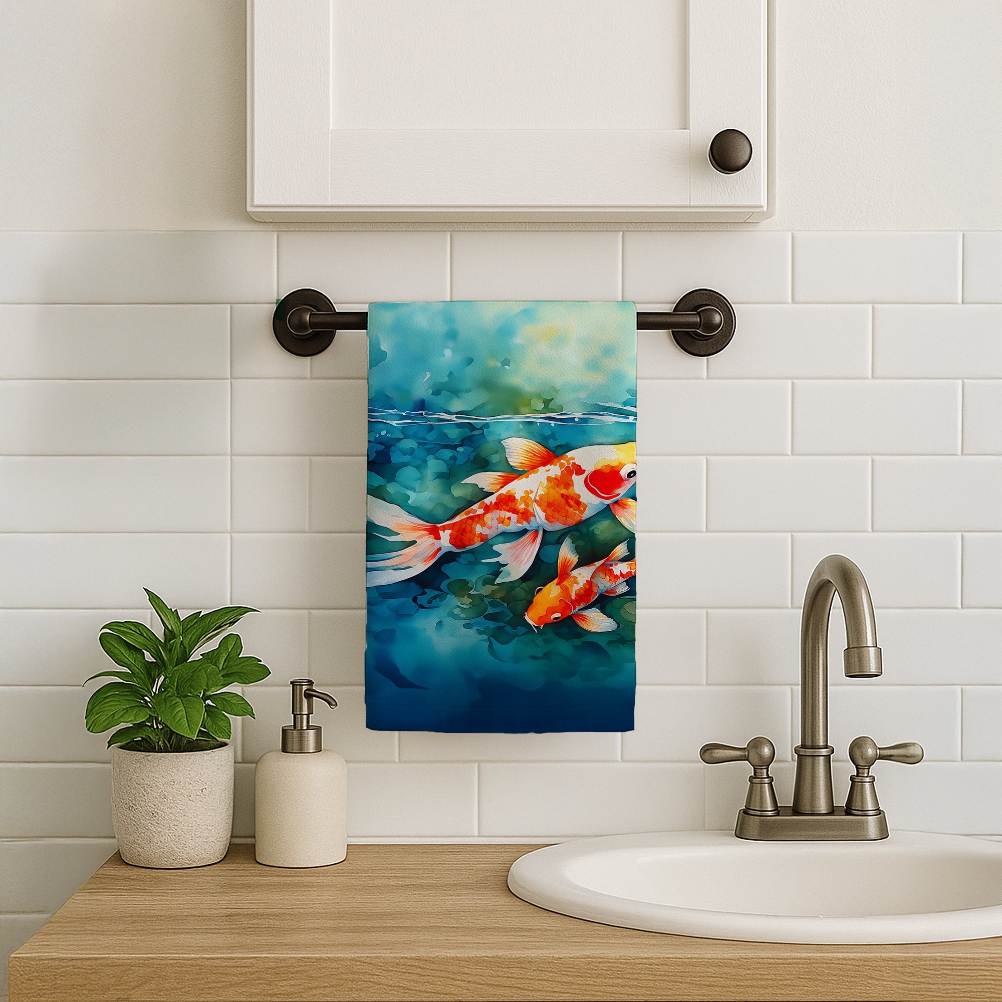 Koi Fish Kitchen Towel Velour Plush Front and Cotton Loop Back Machine Washable