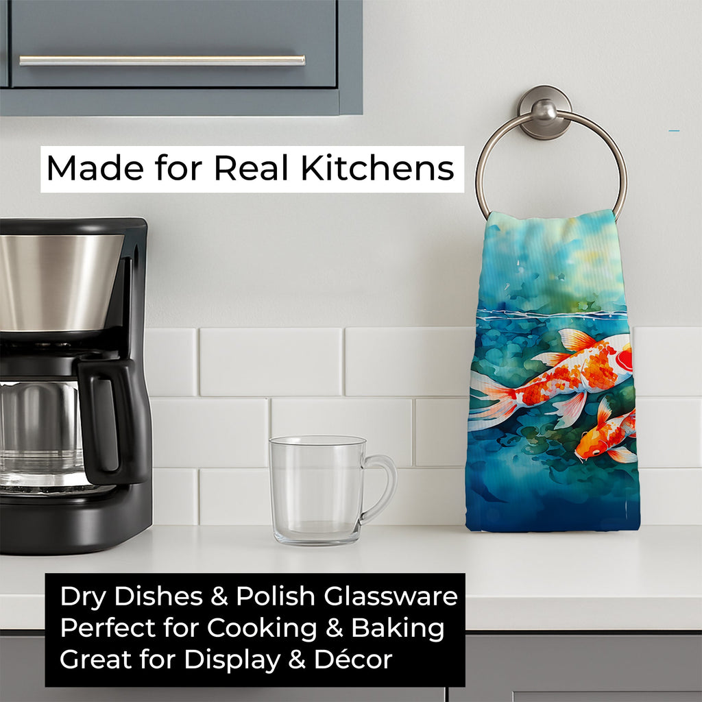 Koi Fish Kitchen Towel Velour Plush Front and Cotton Loop Back Machine Washable