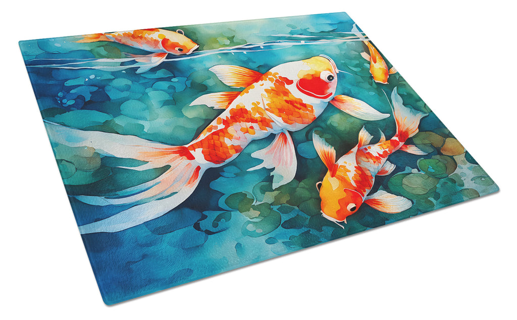 Koi Fish Cutting Board Tempered Glass Kitchen Cutting Surface, Heat Resistant Chopping, Non-Slip Feet, Food Prep & Serving