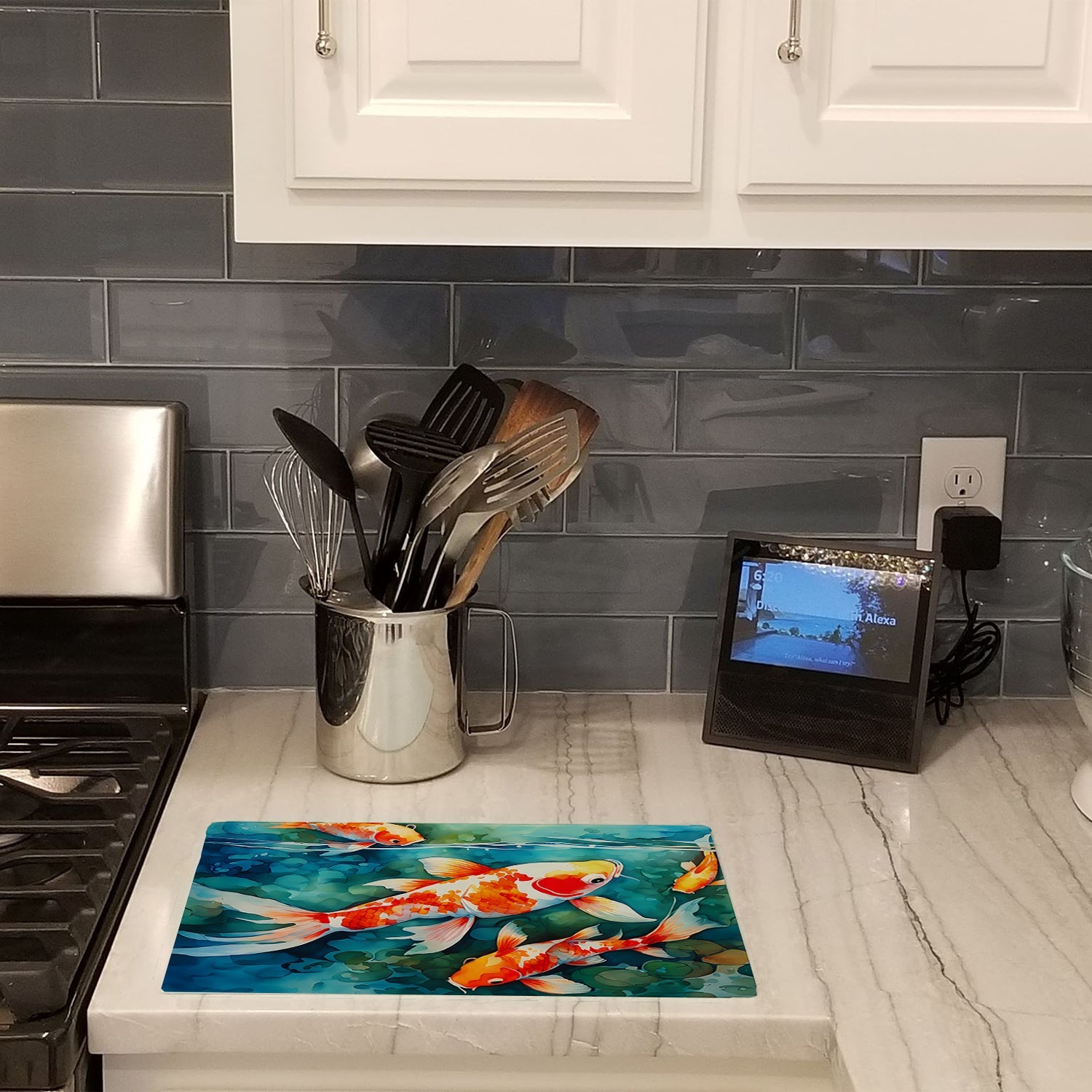Koi Fish Cutting Board Tempered Glass Kitchen Cutting Surface, Heat Resistant Chopping, Non-Slip Feet, Food Prep & Serving
