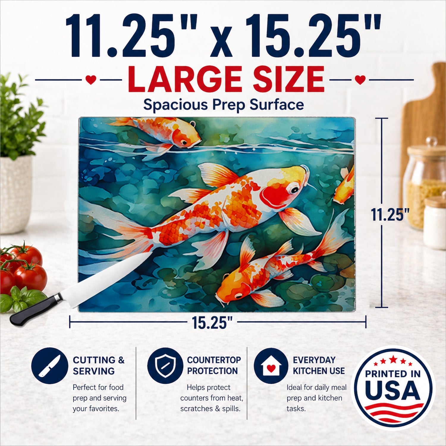 Koi Fish Cutting Board Tempered Glass Kitchen Cutting Surface, Heat Resistant Chopping, Non-Slip Feet, Food Prep & Serving