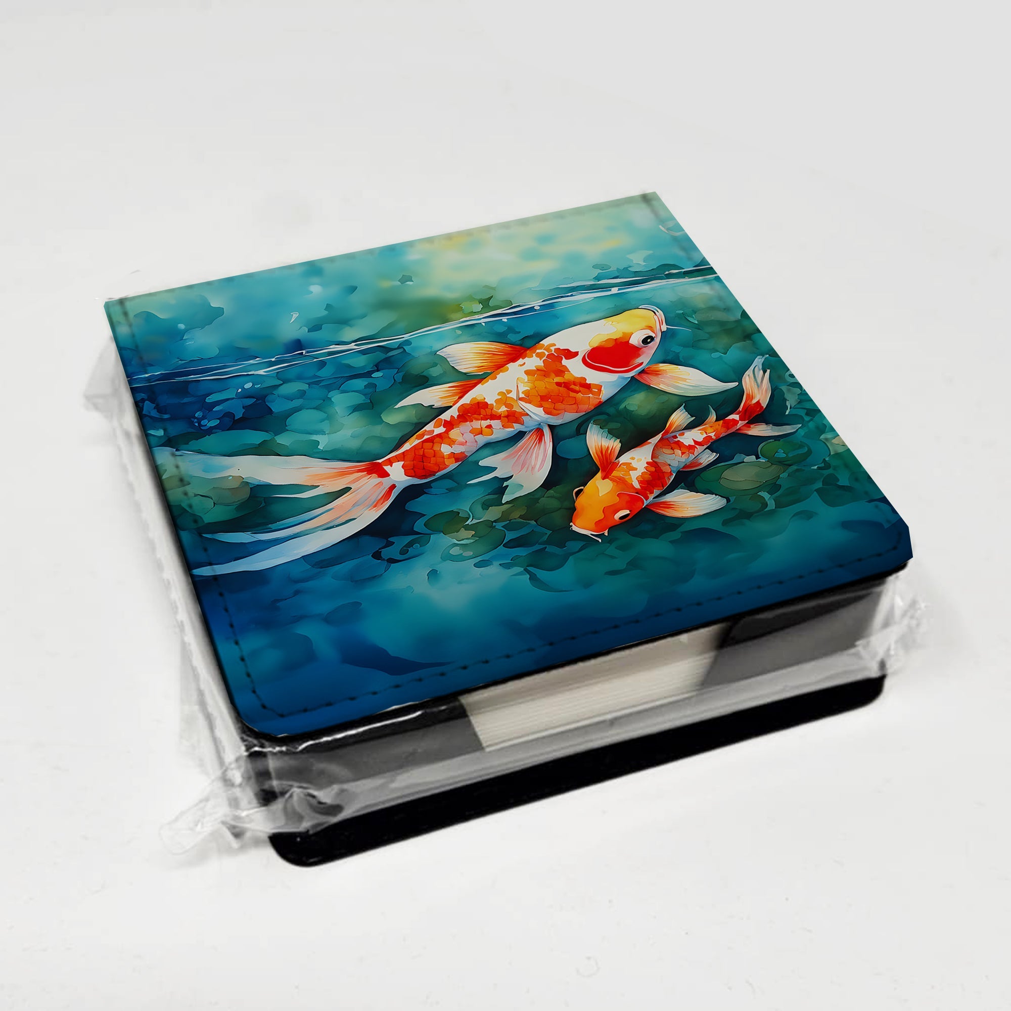 Koi Fish PU Leather Note Paper Holder with Artist-Designed Cover, Desk Accessory, Office Gift