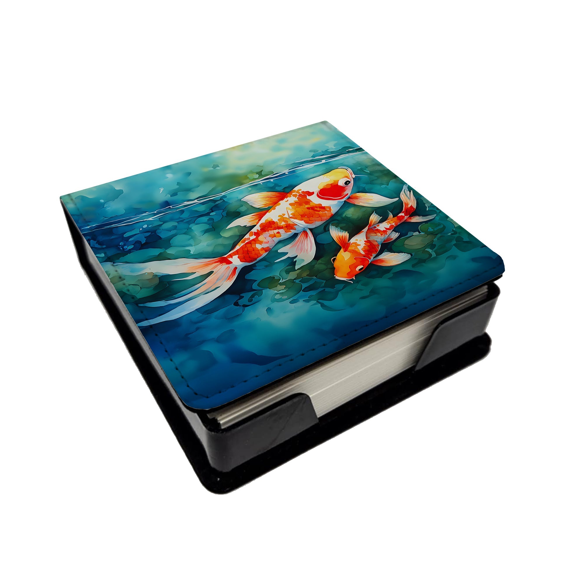 Koi Fish PU Leather Note Paper Holder with Artist-Designed Cover, Desk Accessory, Office Gift