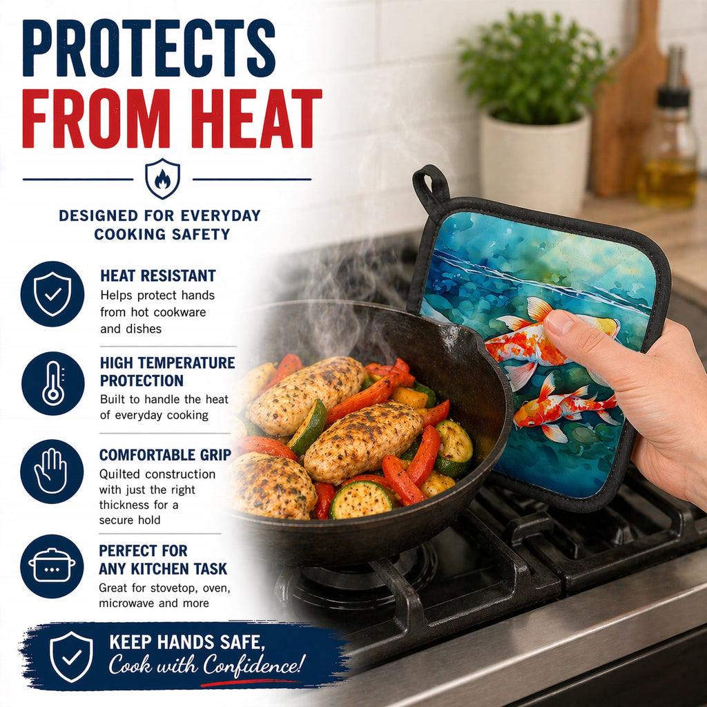Koi Fish Pot Holder Set of 2 Heat Resistant Quilted Hot Pads 7.5 x 7.5 Inch, Insulated Kitchen Trivets for Cooking & Baking