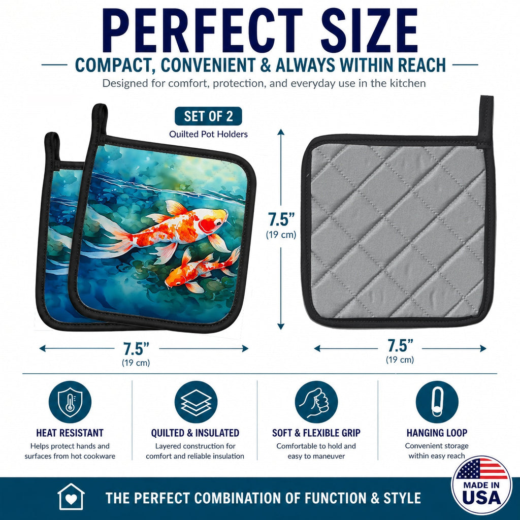 Koi Fish Pot Holder Set of 2 Heat Resistant Quilted Hot Pads 7.5 x 7.5 Inch, Insulated Kitchen Trivets for Cooking & Baking