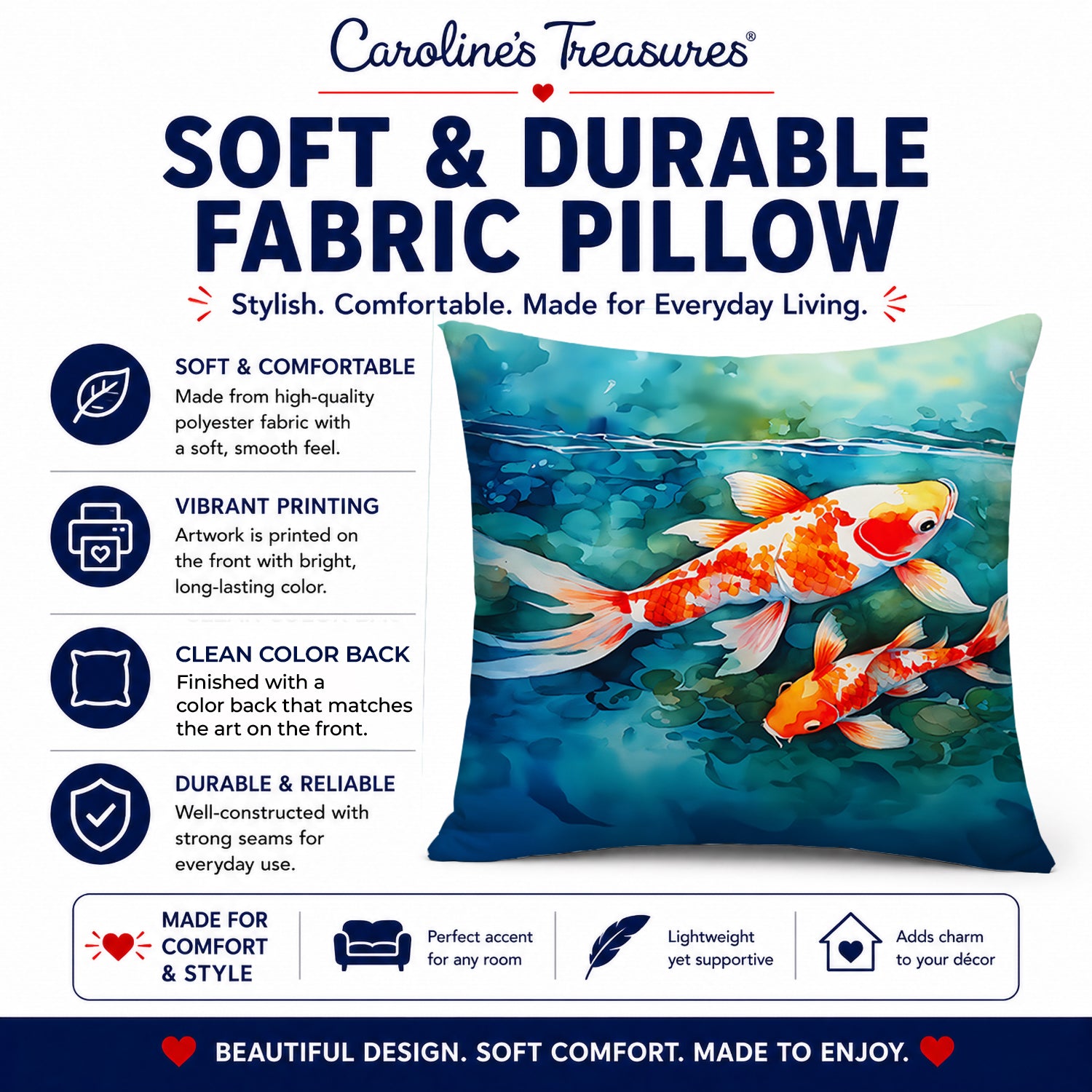 Koi Fish Decorative Throw Pillow 14x14 Indoor Outdoor Accent Cushion, Fabric Cover with Insert for Sofa, Bed, Porch & Living Room