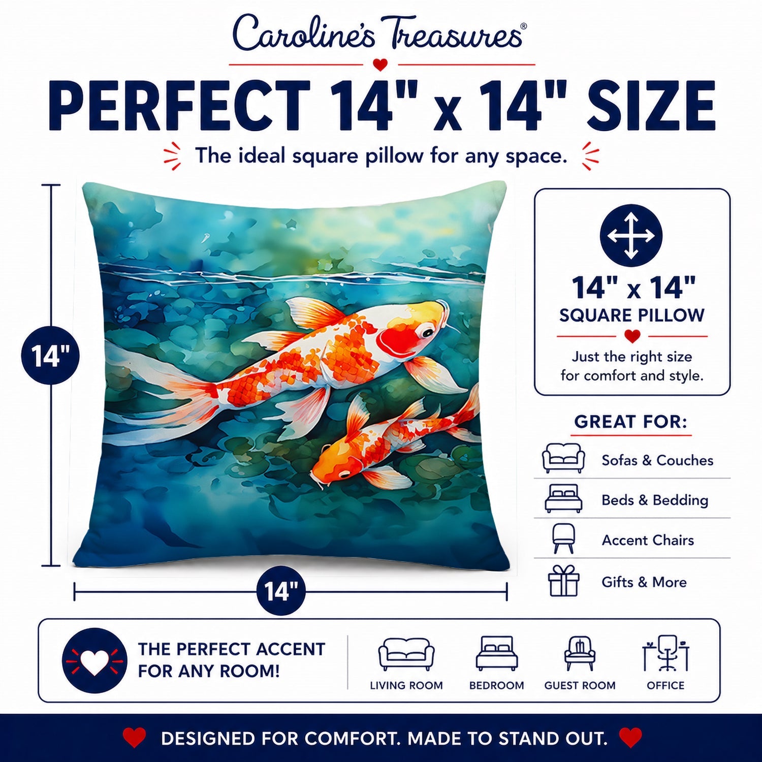 Koi Fish Decorative Throw Pillow 14x14 Indoor Outdoor Accent Cushion, Fabric Cover with Insert for Sofa, Bed, Porch & Living Room