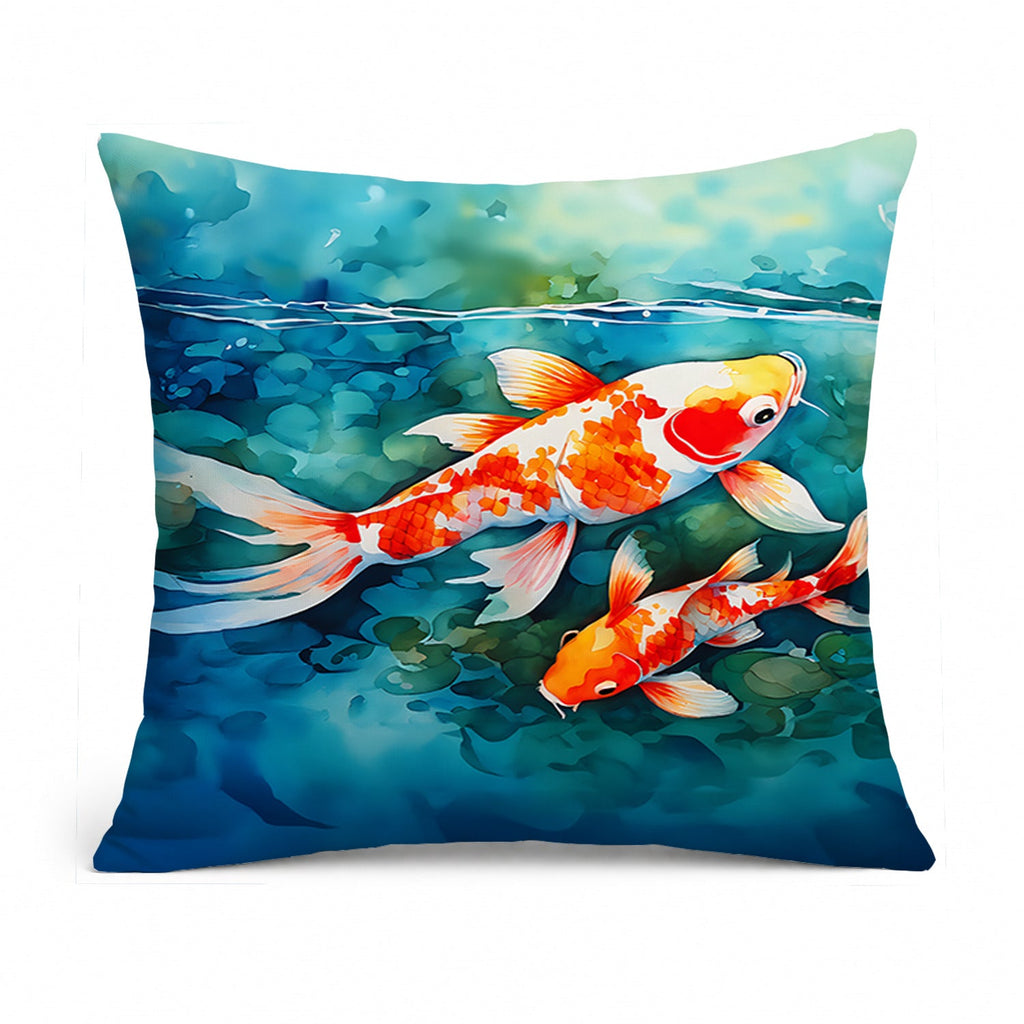 Koi Fish Decorative Throw Pillow 14x14 Indoor Outdoor Accent Cushion, Fabric Cover with Insert for Sofa, Bed, Porch & Living Room