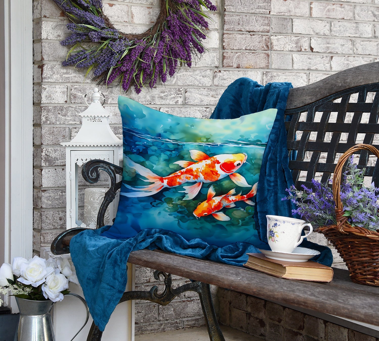 Koi Fish Decorative Throw Pillow 18x18 Indoor Outdoor Accent Cushion, Fabric Cover with Insert for Sofa, Bed, Porch & Living Room