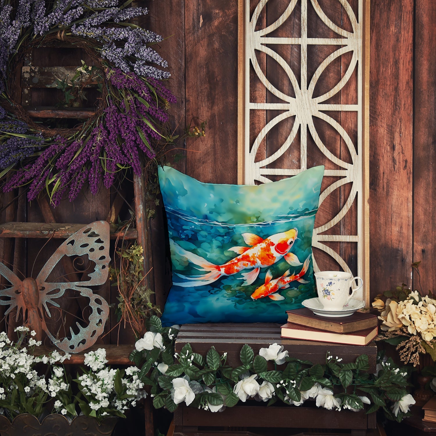 Koi Fish Decorative Throw Pillow 18x18 Indoor Outdoor Accent Cushion, Fabric Cover with Insert for Sofa, Bed, Porch & Living Room