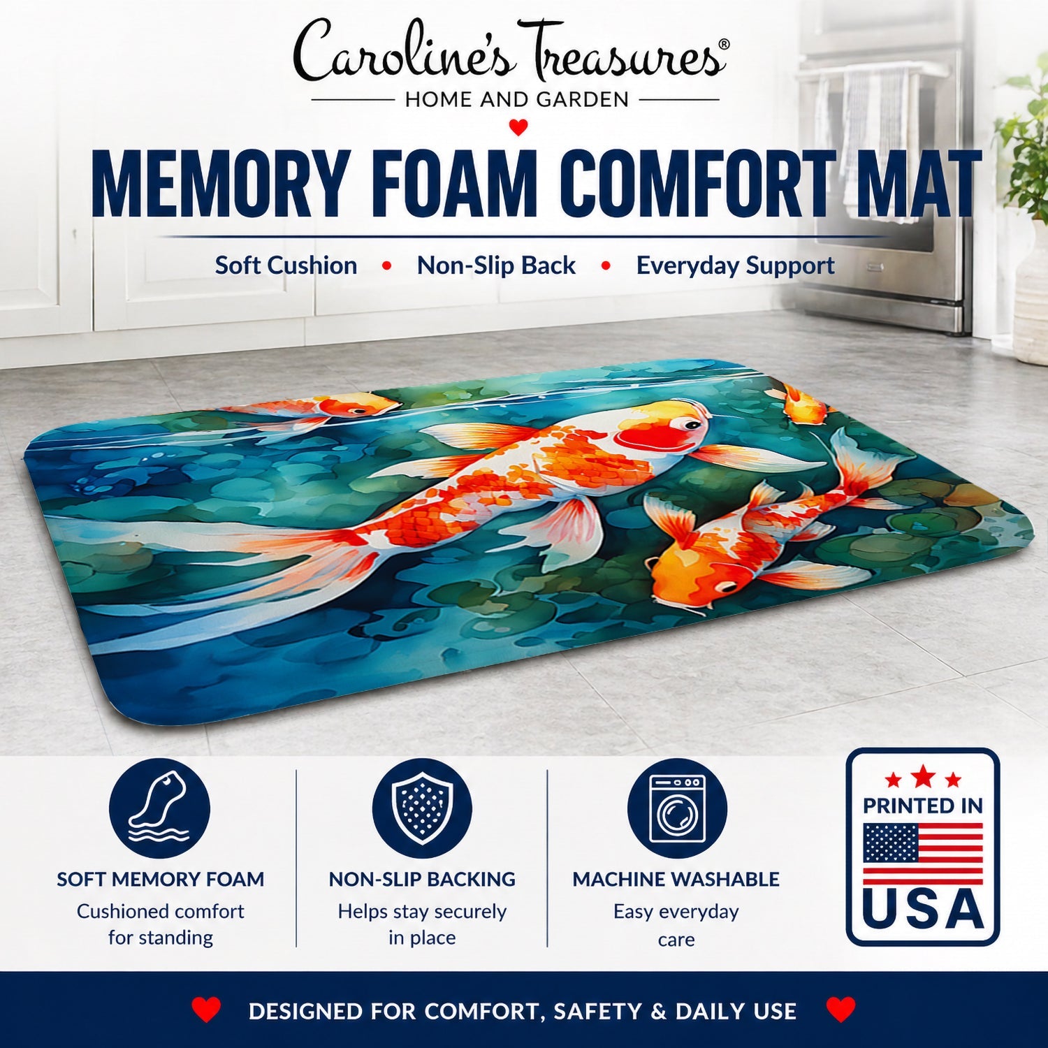 Koi Fish Memory Foam Kitchen Mat Machine Washable Anti-Fatigue Cushion Comfort Bath or Kitchen Rug
