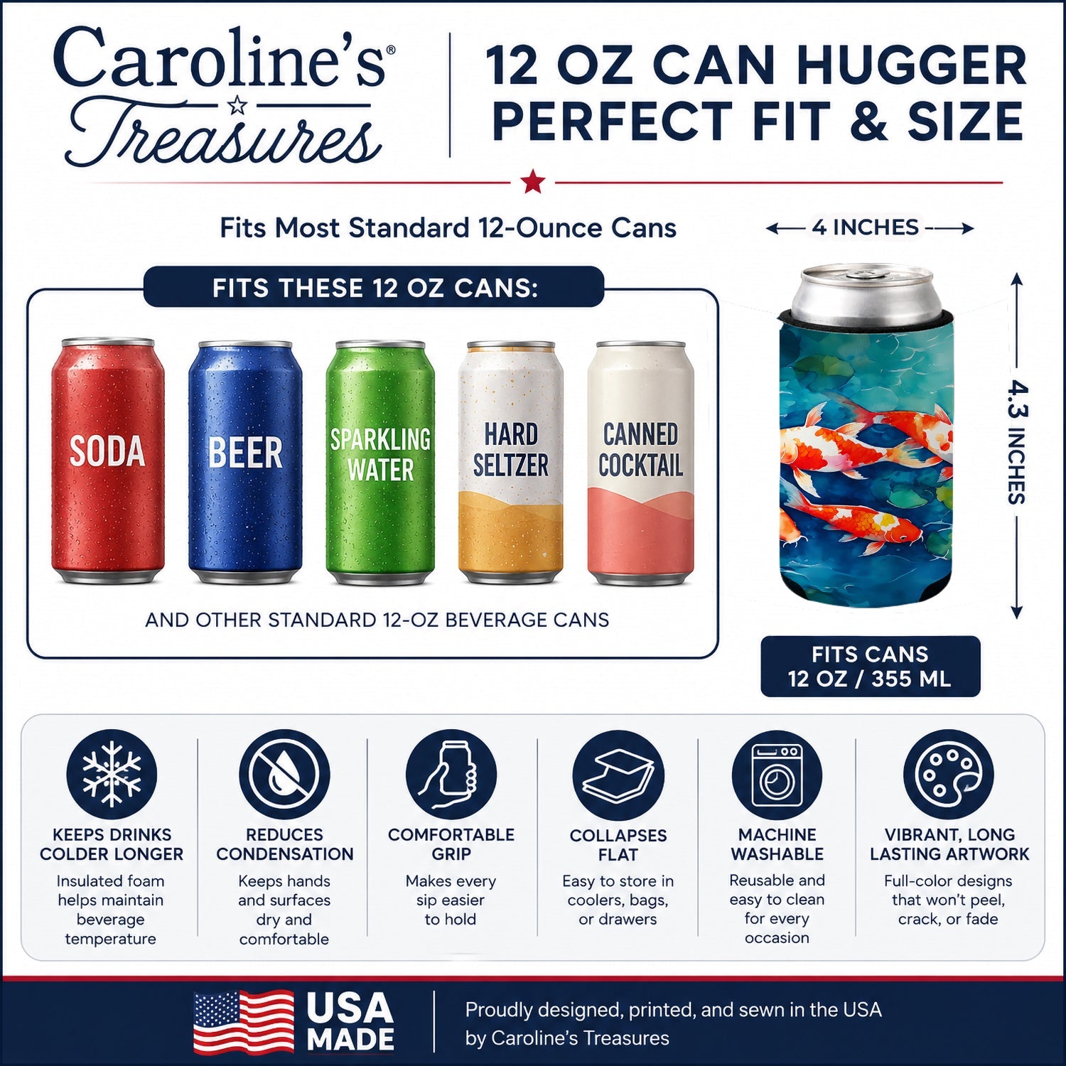 Koi Fish Can or Bottle Hugger Cooler Sleeve for Standard 12 oz Cans, Insulated Foam Beer & Soda Can Hugger Reusable