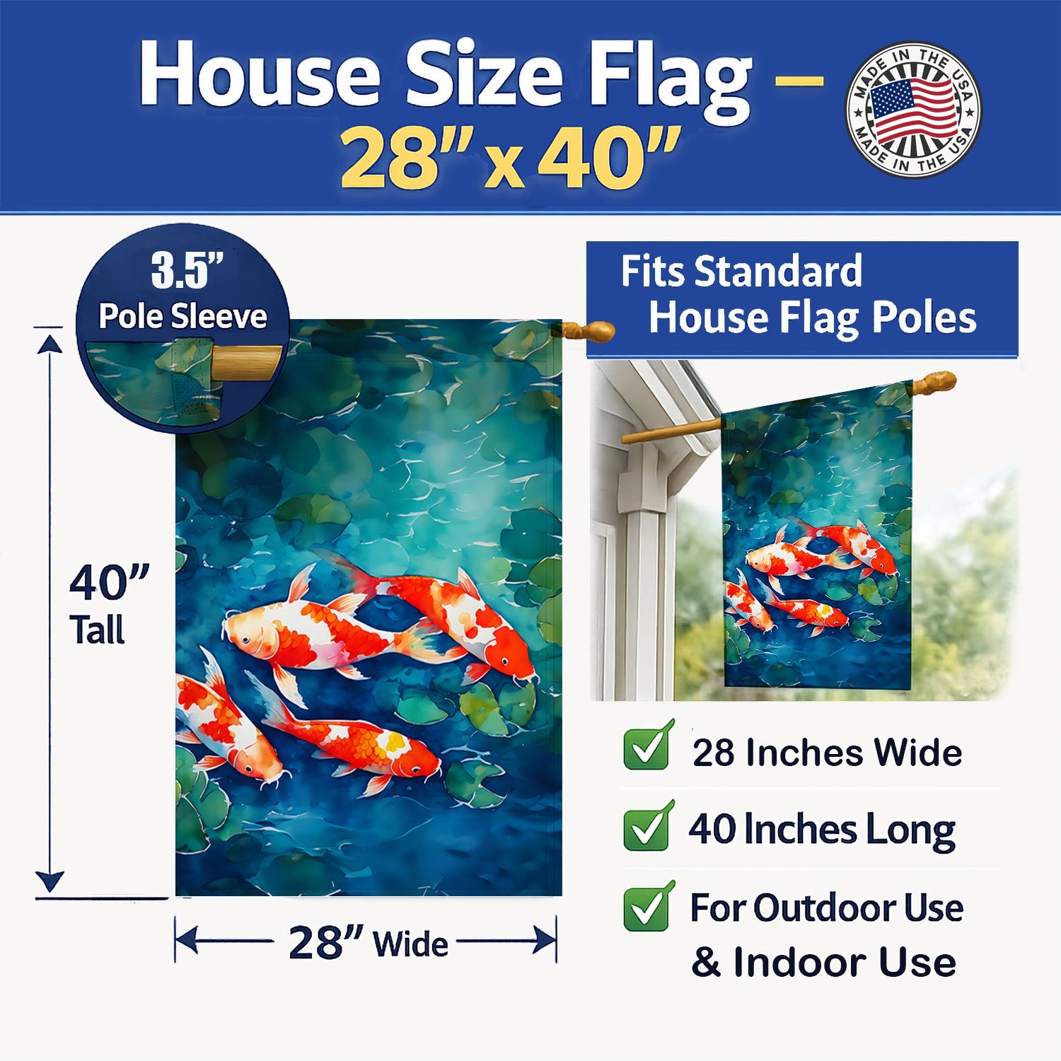 Koi Fish House Flag 28x40 Porch Sleeve Pole Decorative Outside Yard Banner Artwork Wall Hanging, Polyester