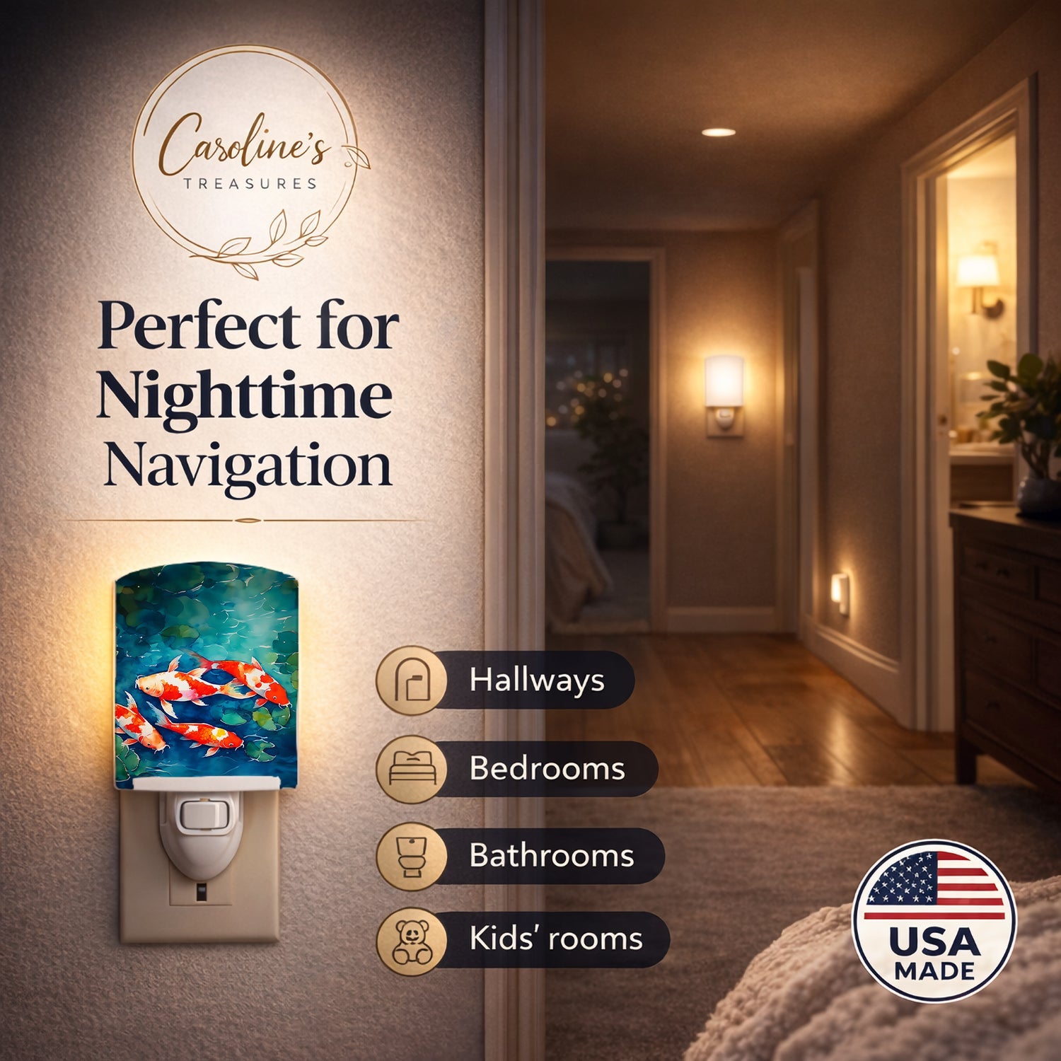Koi Fish Ceramic Night Light Compact, UL-Certified, Ideal for Bedroom, Bathroom, Nursery, Hallway, Kitchen, 6x4x3, Multicolor