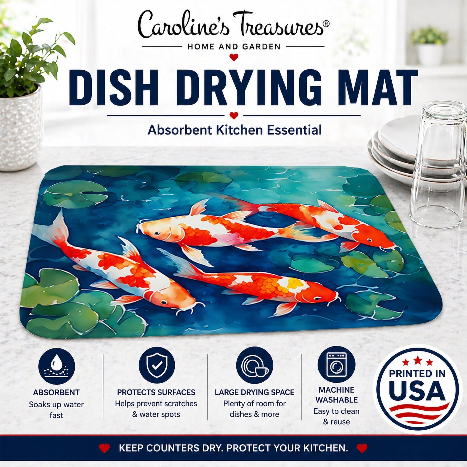 Koi Fish Dish Drying Mat Absorbent Dish Drying Mat Pad for Kitchen Counter Dish Drainer Mat for Countertop, 14 x 21", Multicolor