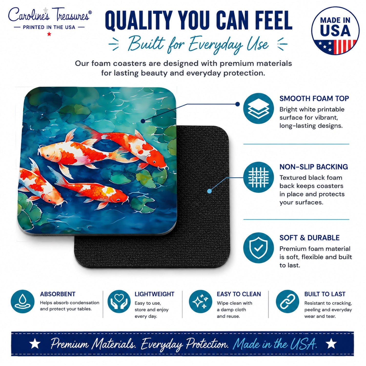 Koi Fish Foam Coasters Set of 4 Cup Coasters for Indoor Outdoor, Tabletop Protection, Anti Slip, Mouse pad Material
