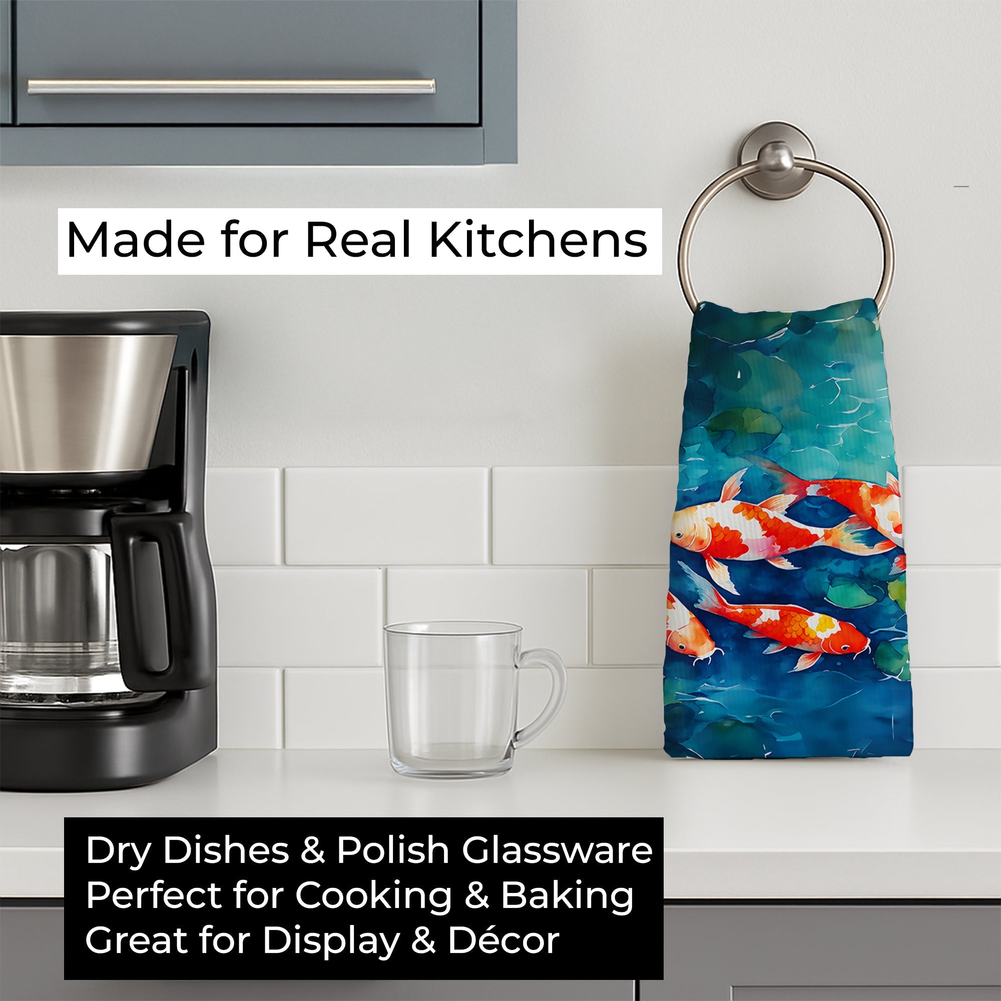 Koi Fish Kitchen Towel Velour Plush Front and Cotton Loop Back Machine Washable