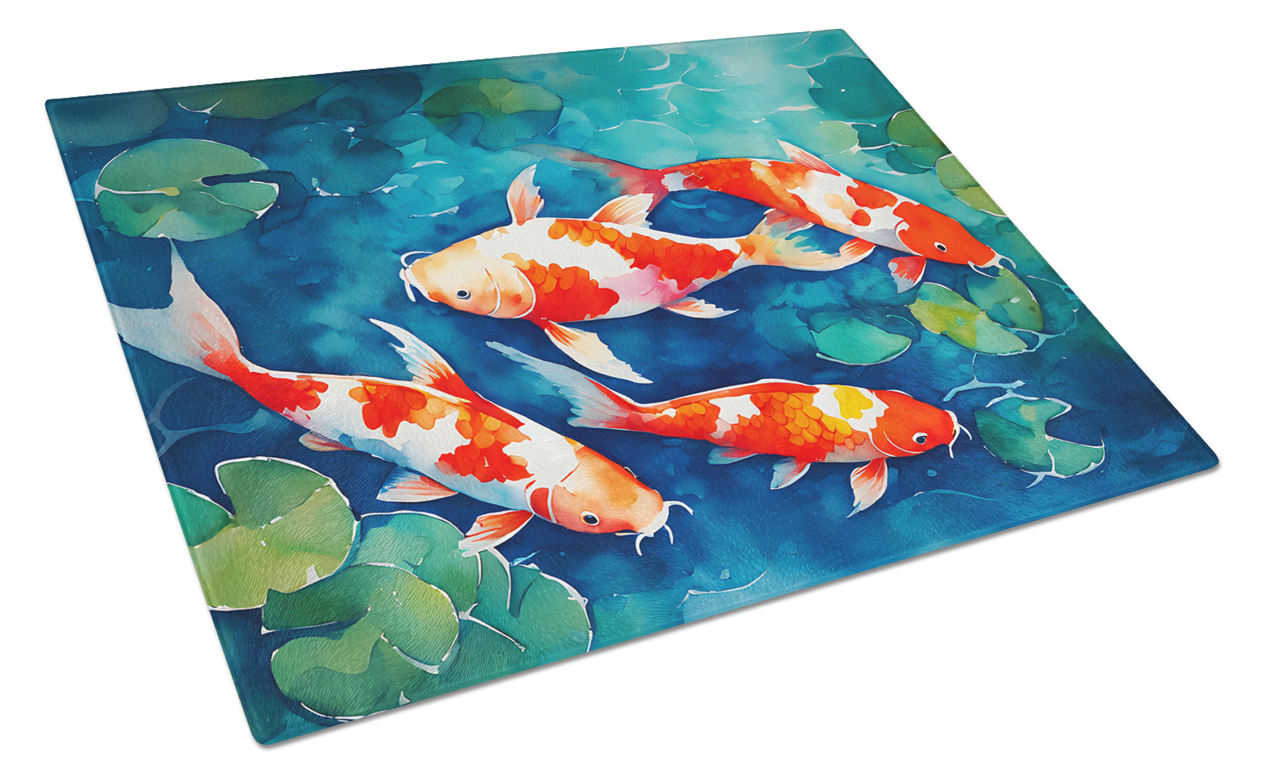 Koi Fish Cutting Board Tempered Glass Kitchen Cutting Surface, Heat Resistant Chopping, Non-Slip Feet, Food Prep & Serving