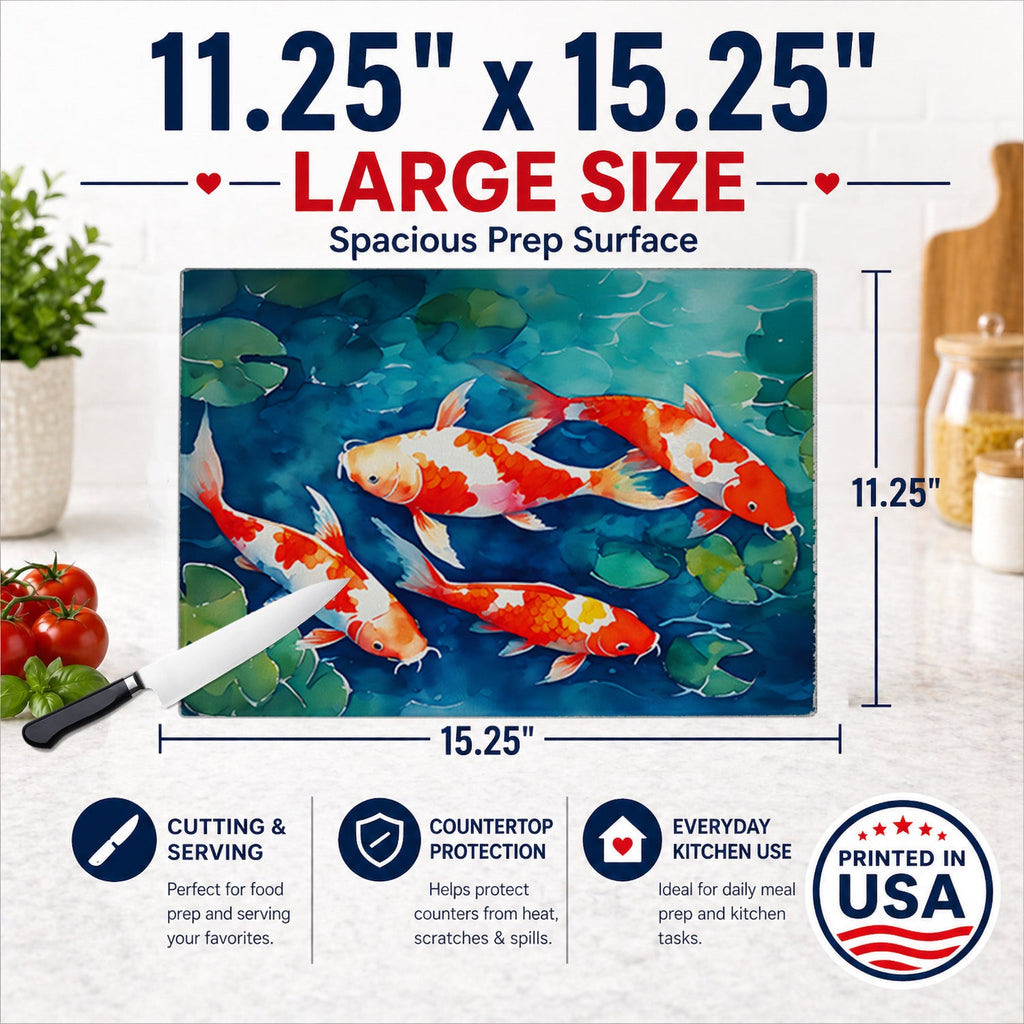 Koi Fish Cutting Board Tempered Glass Kitchen Cutting Surface, Heat Resistant Chopping, Non-Slip Feet, Food Prep & Serving