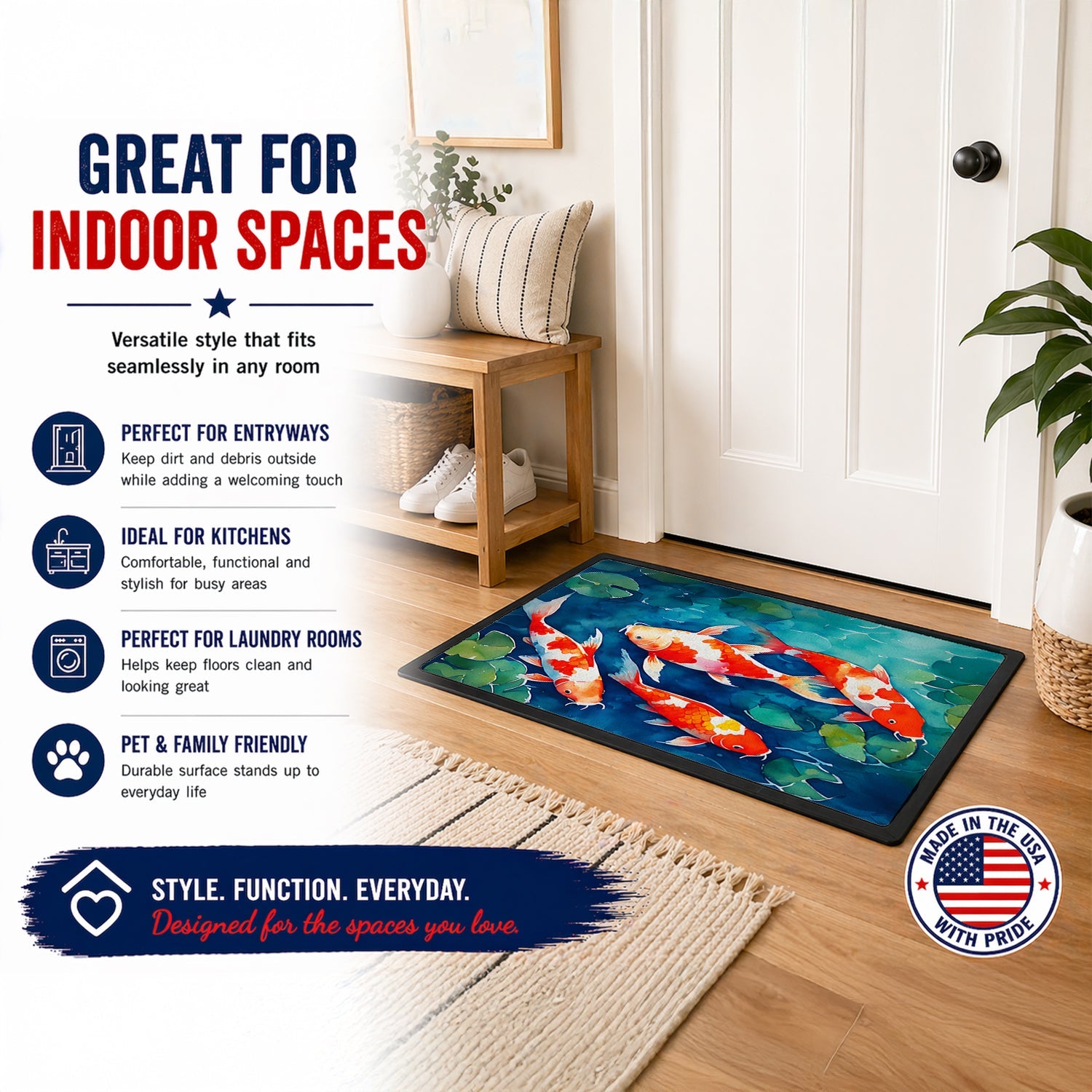 Koi Fish Doormat Indoor Outdoor 18H X 27W Front Door Mat Rugs for Entryway, Non Slip Washable