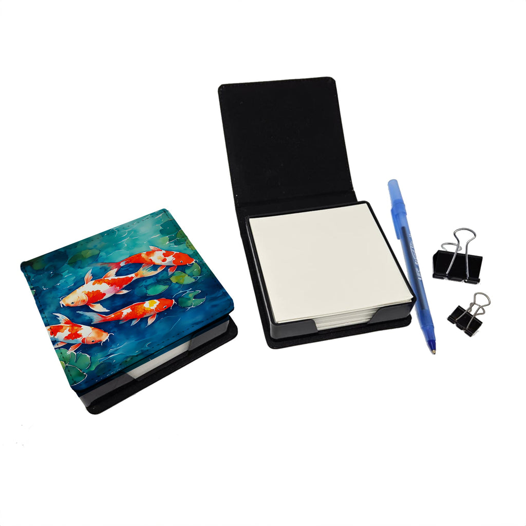 Koi Fish PU Leather Note Paper Holder with Artist-Designed Cover, Desk Accessory, Office Gift