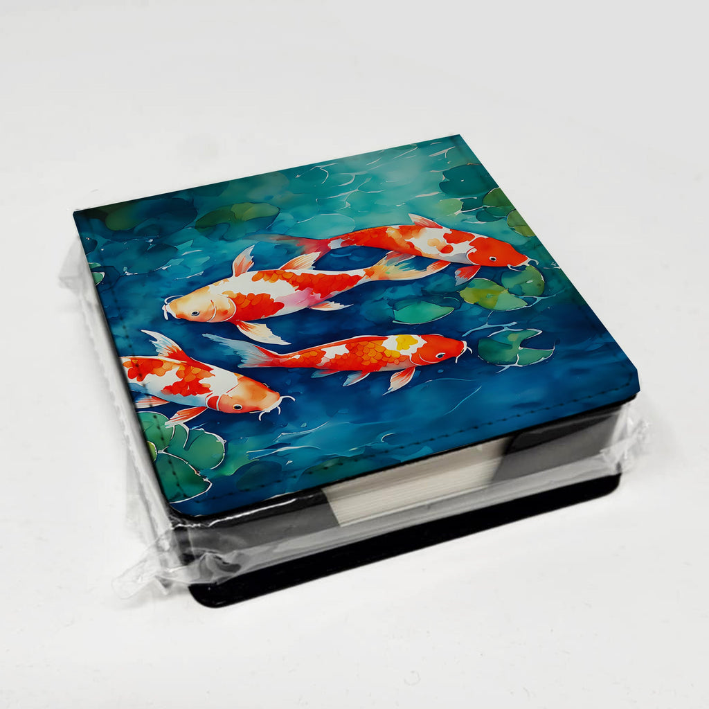 Koi Fish PU Leather Note Paper Holder with Artist-Designed Cover, Desk Accessory, Office Gift