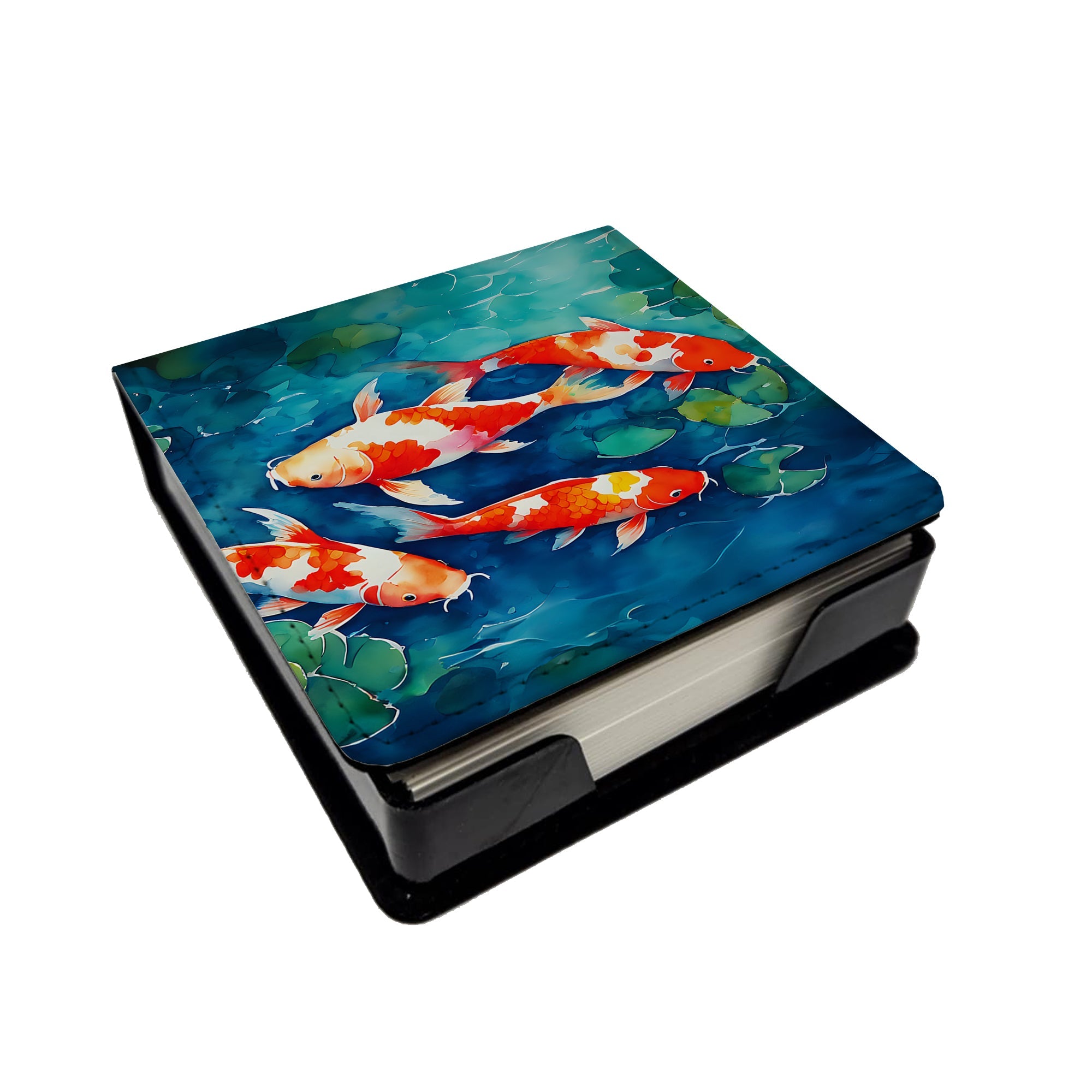 Koi Fish PU Leather Note Paper Holder with Artist-Designed Cover, Desk Accessory, Office Gift