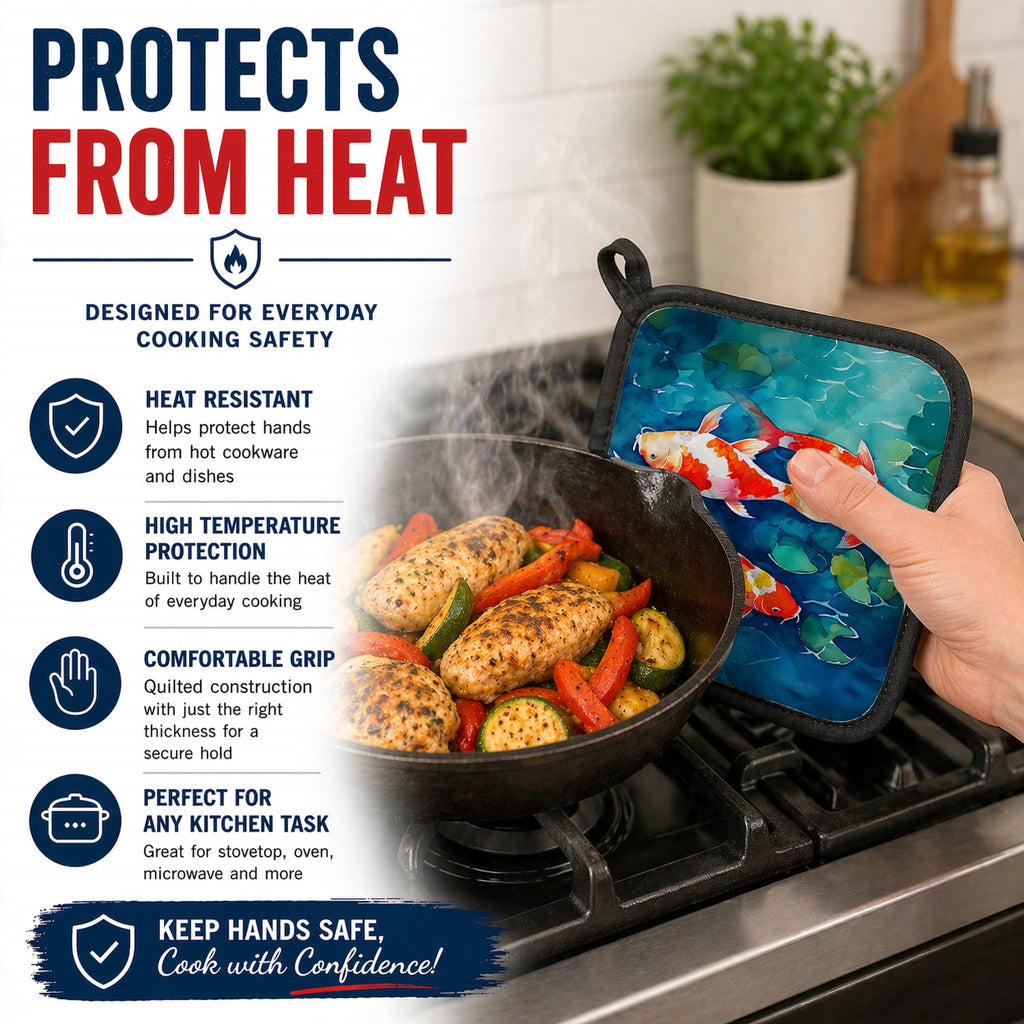 Koi Fish Pot Holder Set of 2 Heat Resistant Quilted Hot Pads 7.5 x 7.5 Inch, Insulated Kitchen Trivets for Cooking & Baking