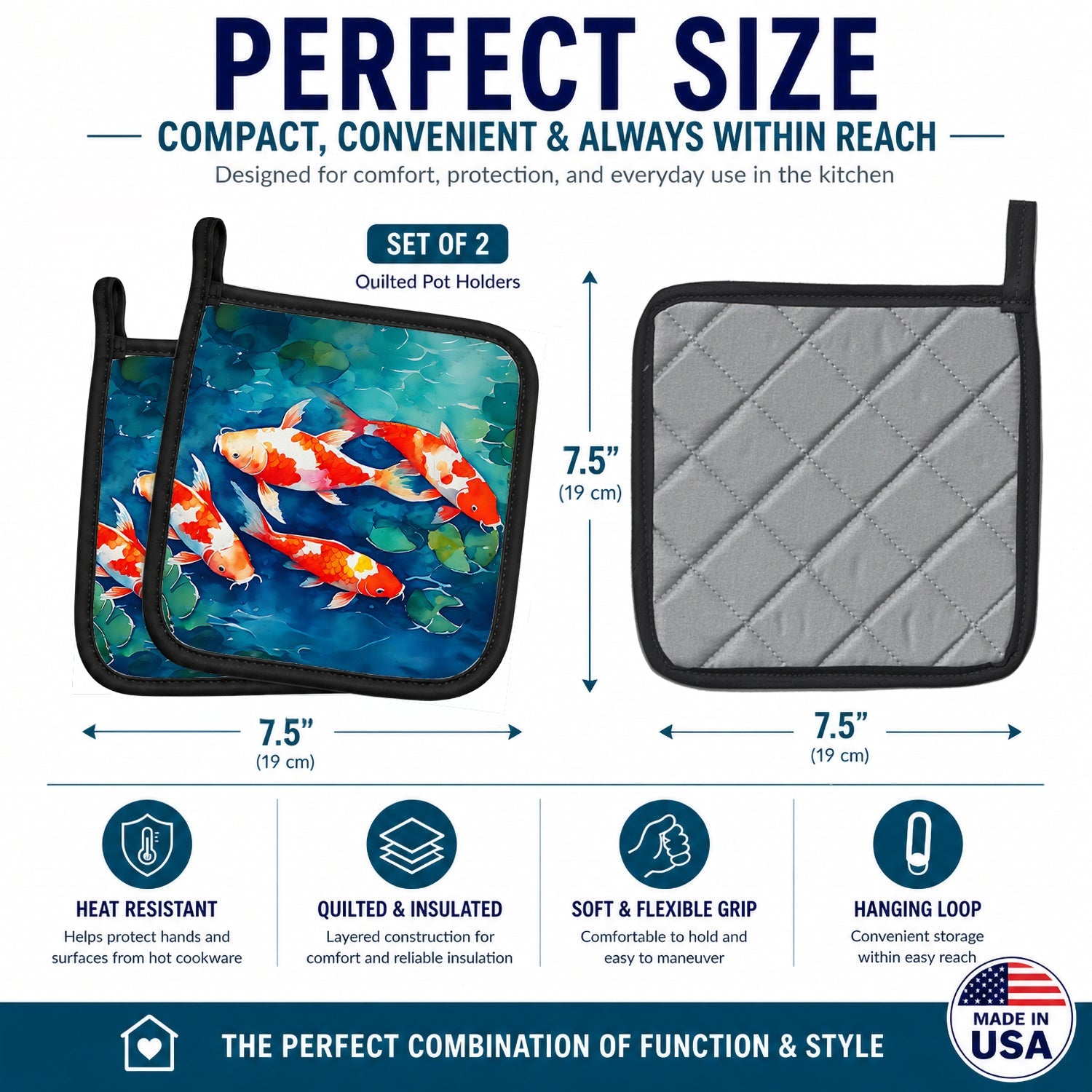 Koi Fish Pot Holder Set of 2 Heat Resistant Quilted Hot Pads 7.5 x 7.5 Inch, Insulated Kitchen Trivets for Cooking & Baking