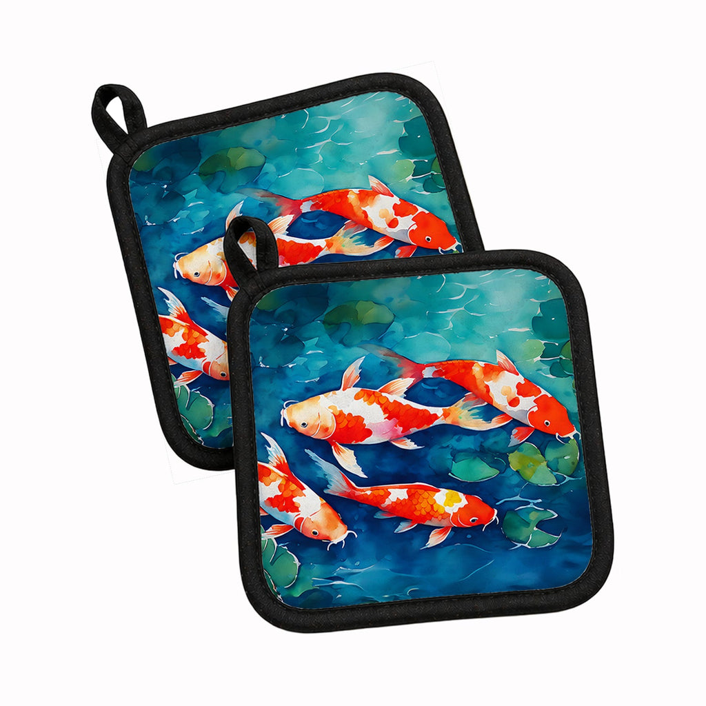 Koi Fish Pot Holder Set of 2 Heat Resistant Quilted Hot Pads 7.5 x 7.5 Inch, Insulated Kitchen Trivets for Cooking & Baking