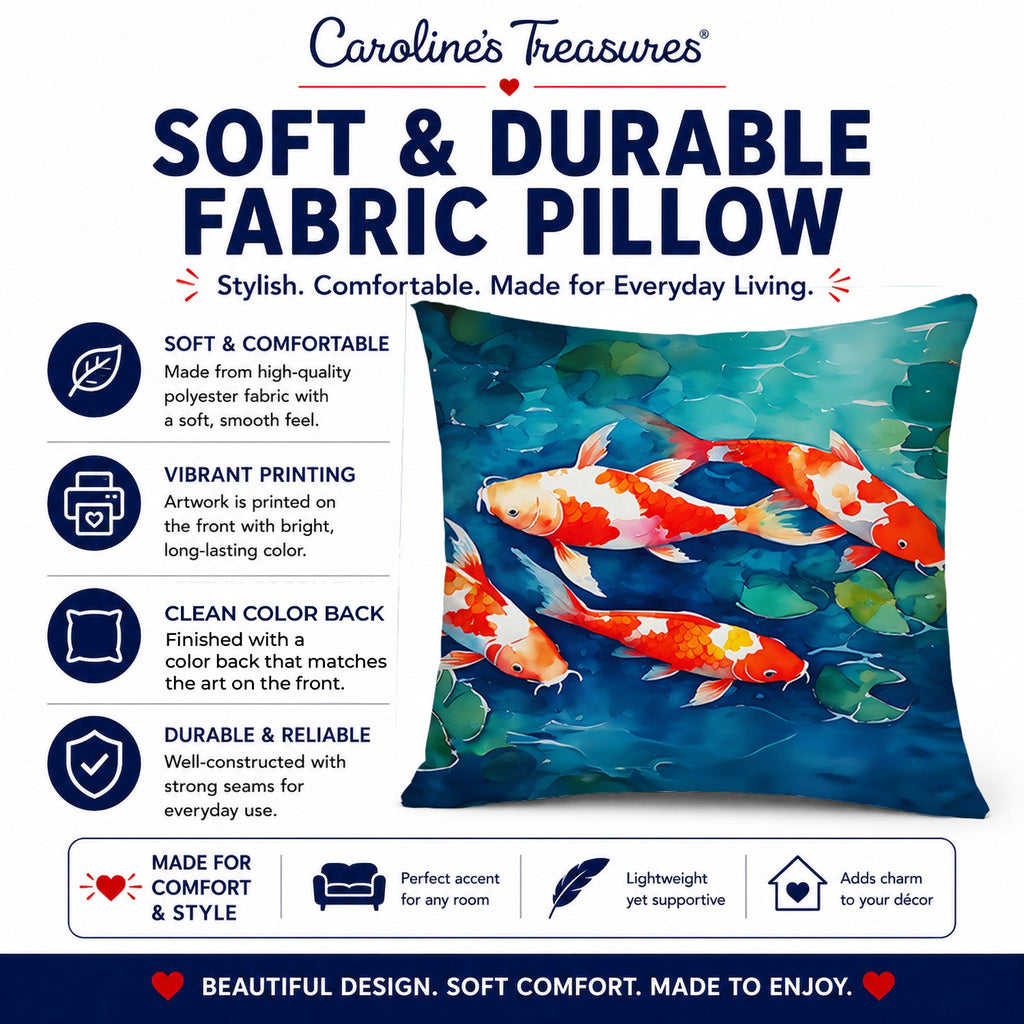 Koi Fish Decorative Throw Pillow 14x14 Indoor Outdoor Accent Cushion, Fabric Cover with Insert for Sofa, Bed, Porch & Living Room