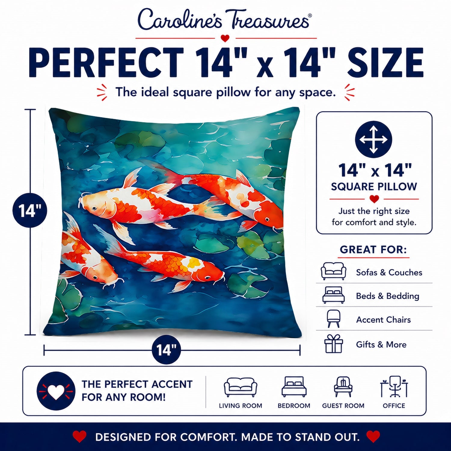 Koi Fish Decorative Throw Pillow 14x14 Indoor Outdoor Accent Cushion, Fabric Cover with Insert for Sofa, Bed, Porch & Living Room