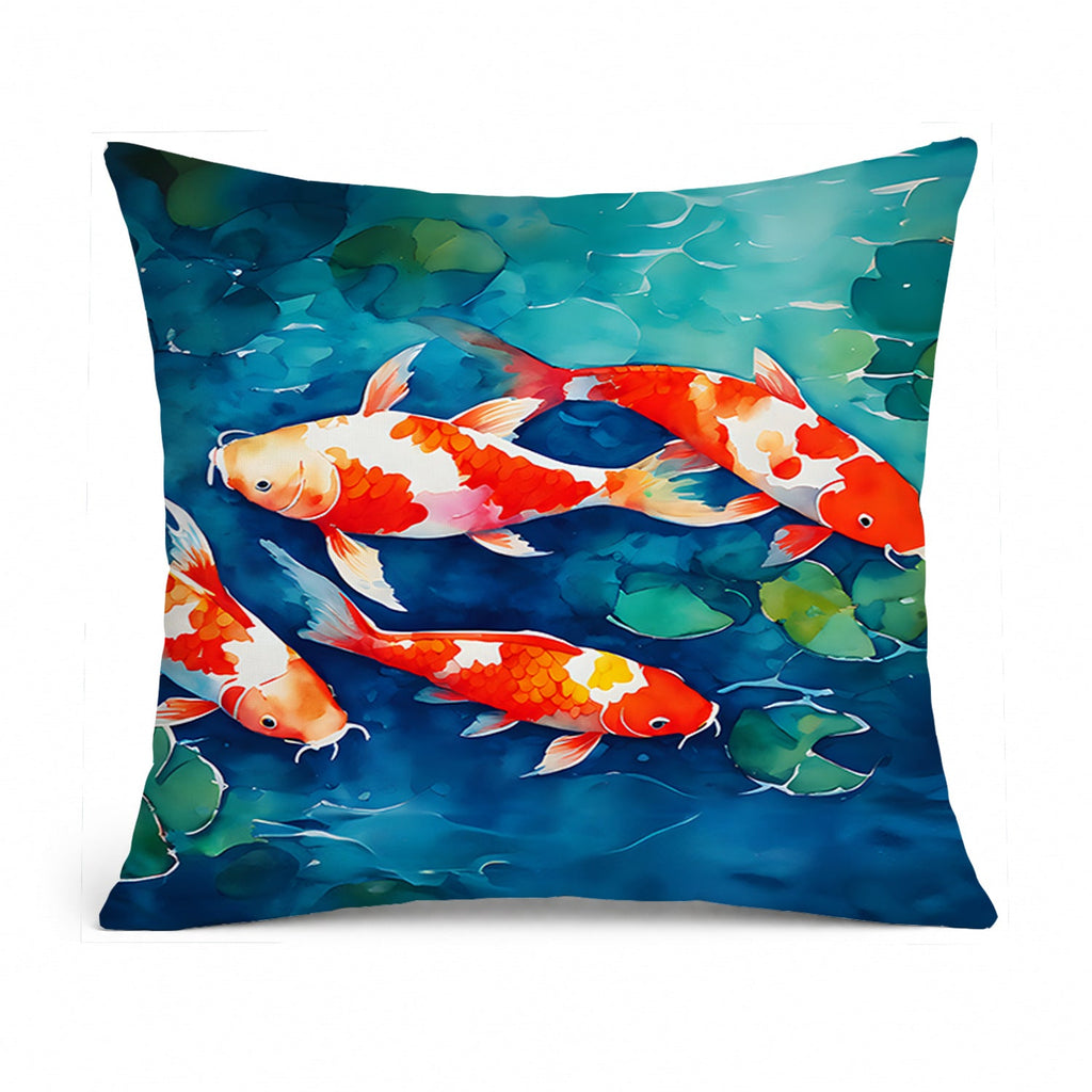 Koi Fish Decorative Throw Pillow 14x14 Indoor Outdoor Accent Cushion, Fabric Cover with Insert for Sofa, Bed, Porch & Living Room