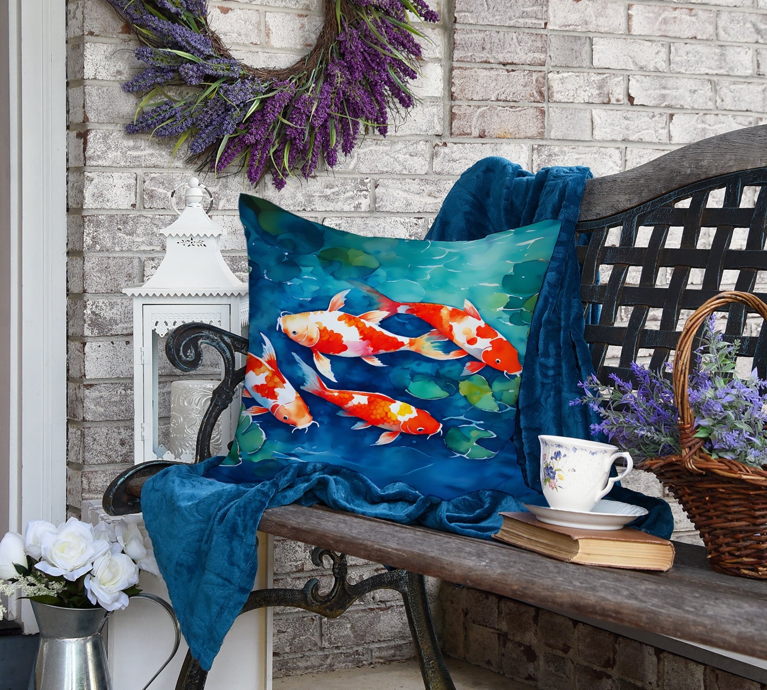 Koi Fish Decorative Throw Pillow 18x18 Indoor Outdoor Accent Cushion, Fabric Cover with Insert for Sofa, Bed, Porch & Living Room