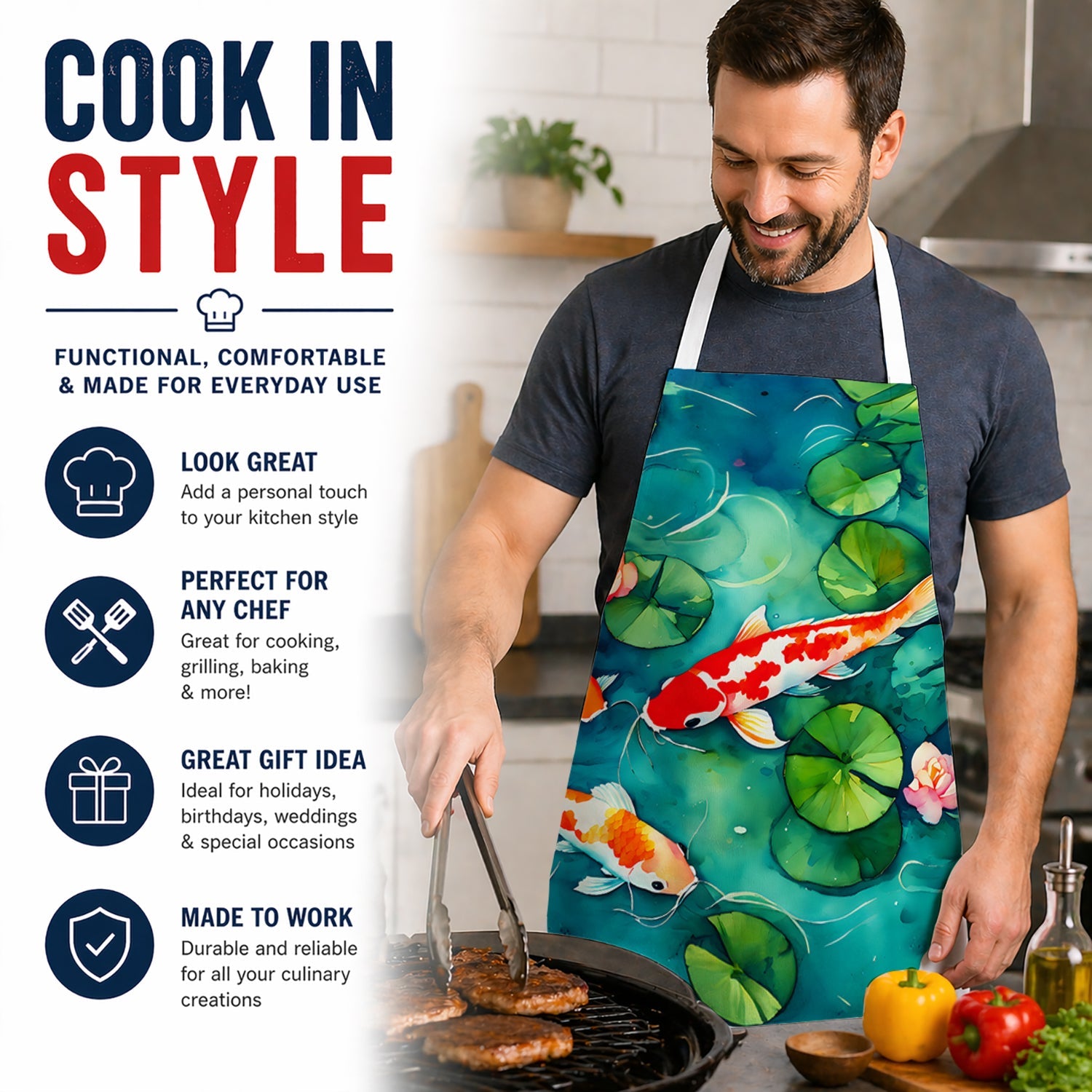 Koi Fish Apron Cooking Kitchen Server Baking Crafts Gardening for Adult Women Men, Unisex, Large, Multicolor