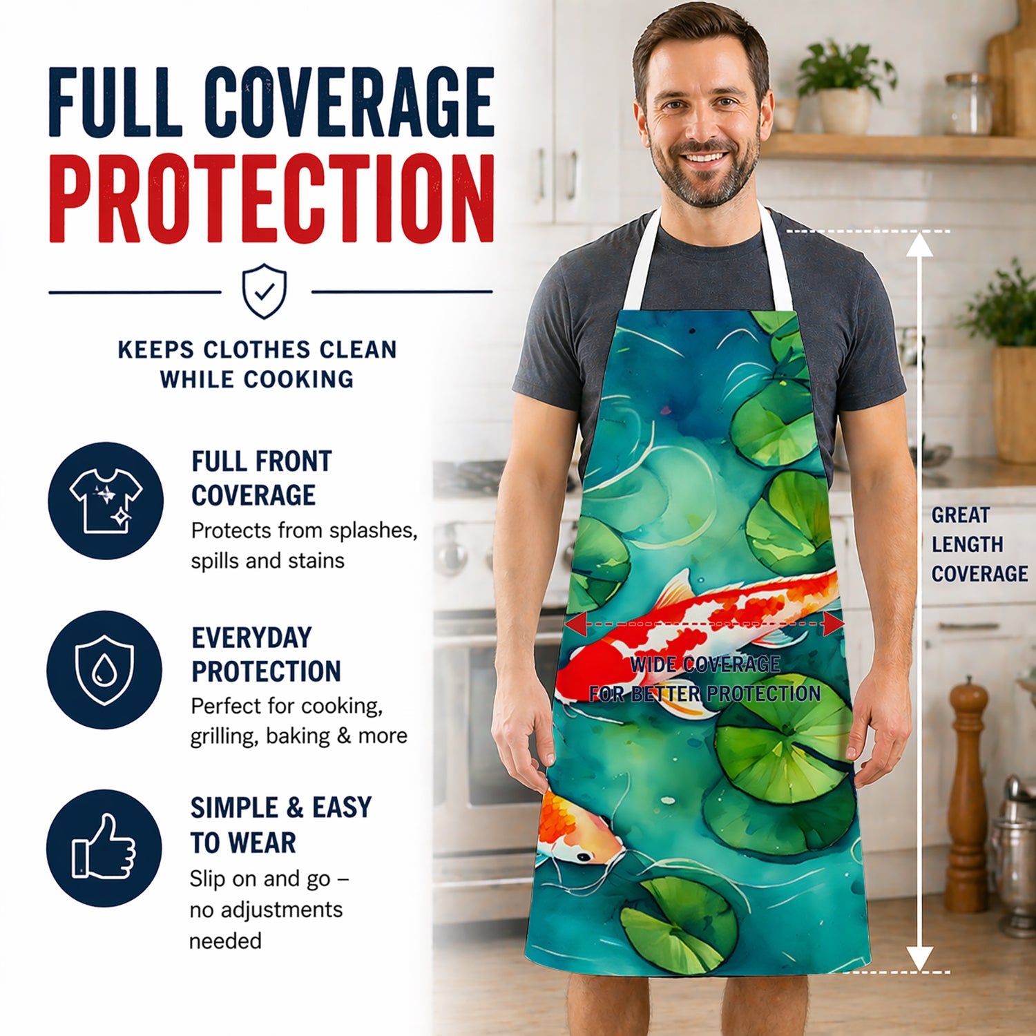 Koi Fish Apron Cooking Kitchen Server Baking Crafts Gardening for Adult Women Men, Unisex, Large, Multicolor