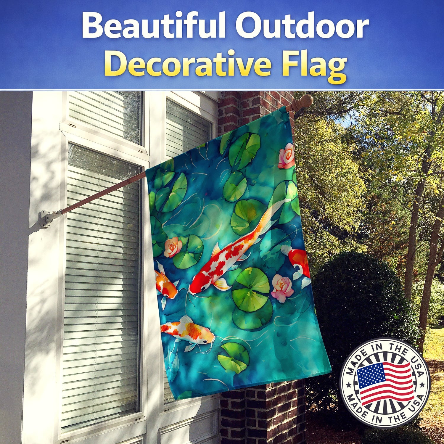 Koi Fish House Flag 28x40 Porch Sleeve Pole Decorative Outside Yard Banner Artwork Wall Hanging, Polyester