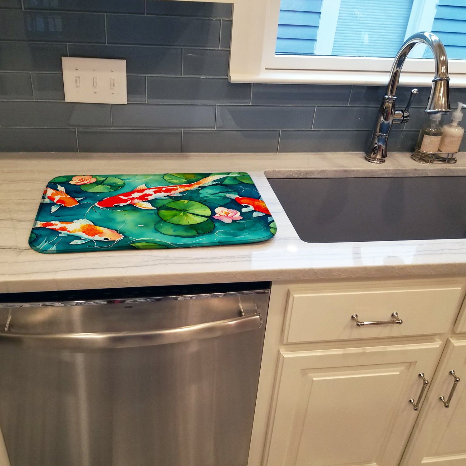 Koi Fish Dish Drying Mat Absorbent Dish Drying Mat Pad for Kitchen Counter Dish Drainer Mat for Countertop, 14 x 21", Multicolor