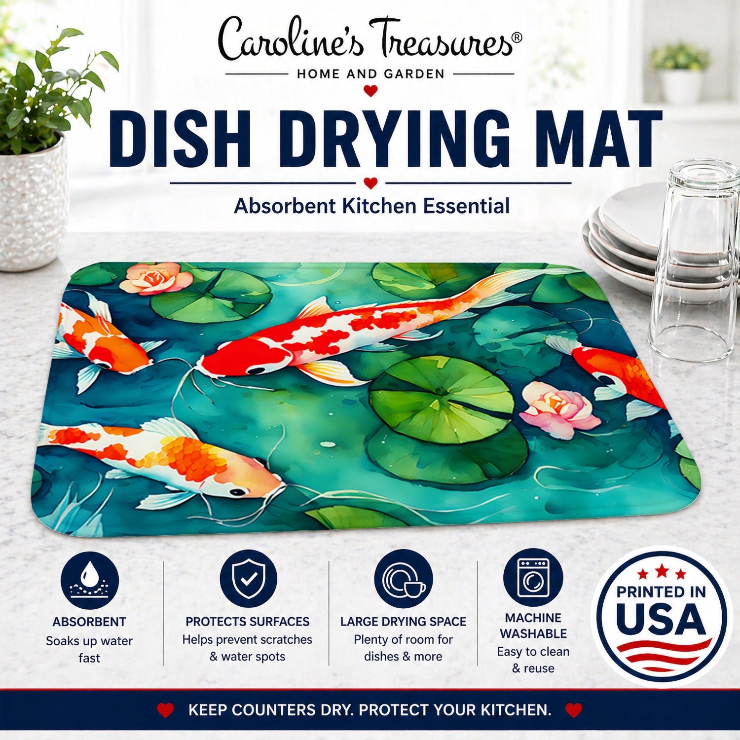 Koi Fish Dish Drying Mat Absorbent Dish Drying Mat Pad for Kitchen Counter Dish Drainer Mat for Countertop, 14 x 21", Multicolor
