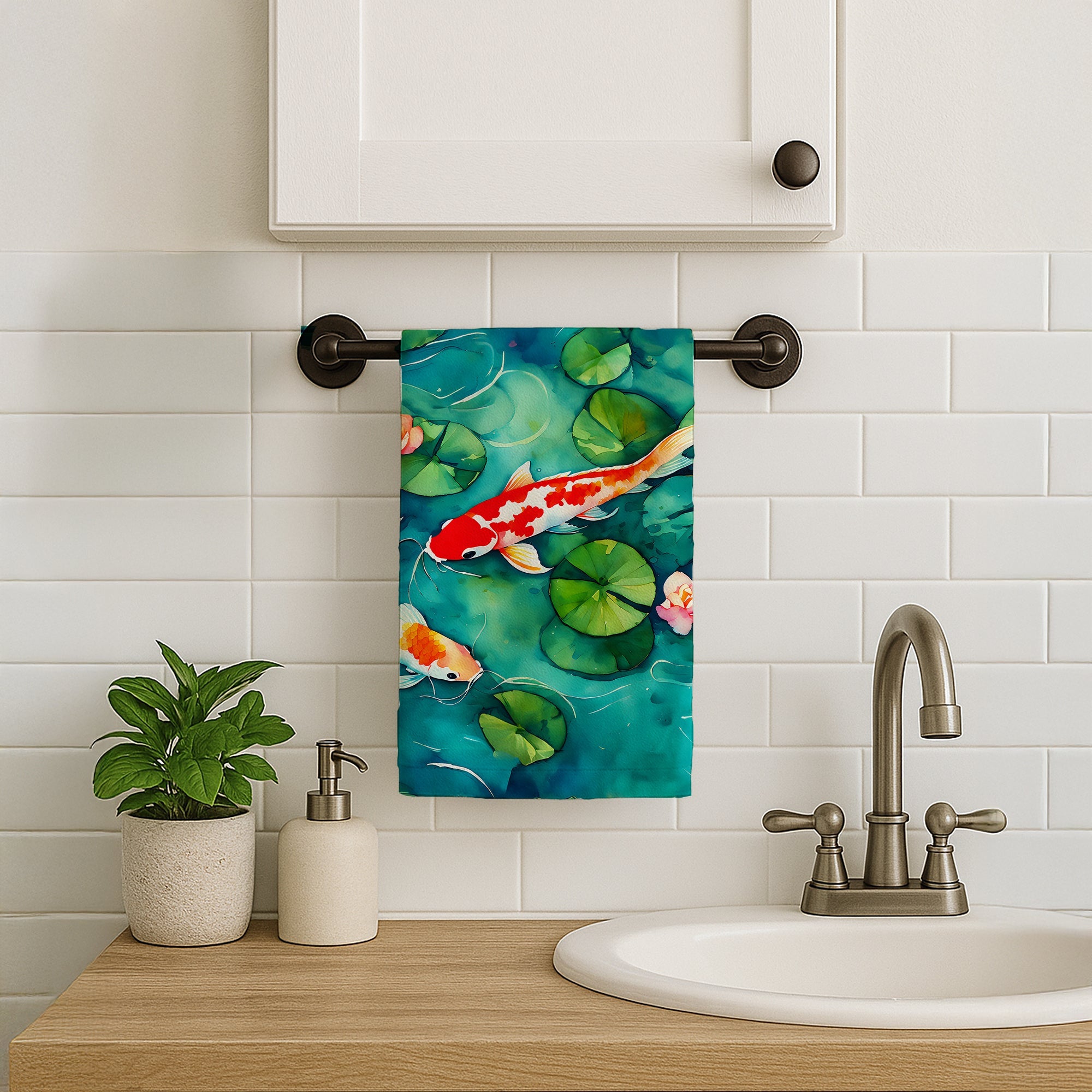 Koi Fish Kitchen Towel Velour Plush Front and Cotton Loop Back Machine Washable