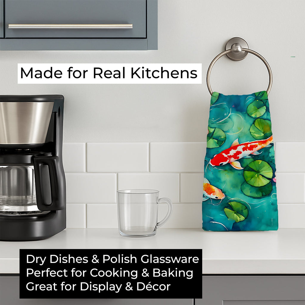 Koi Fish Kitchen Towel Velour Plush Front and Cotton Loop Back Machine Washable